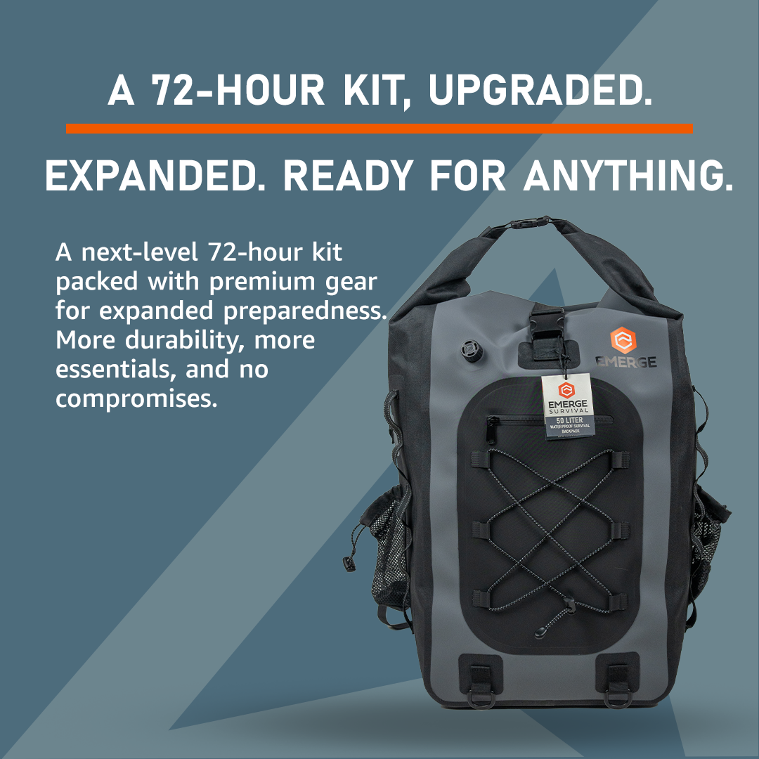 Emerge Survival Evacuation Bag with 50L capacity, water-resistant, padded straps, and multiple compartments for emergency preparedness