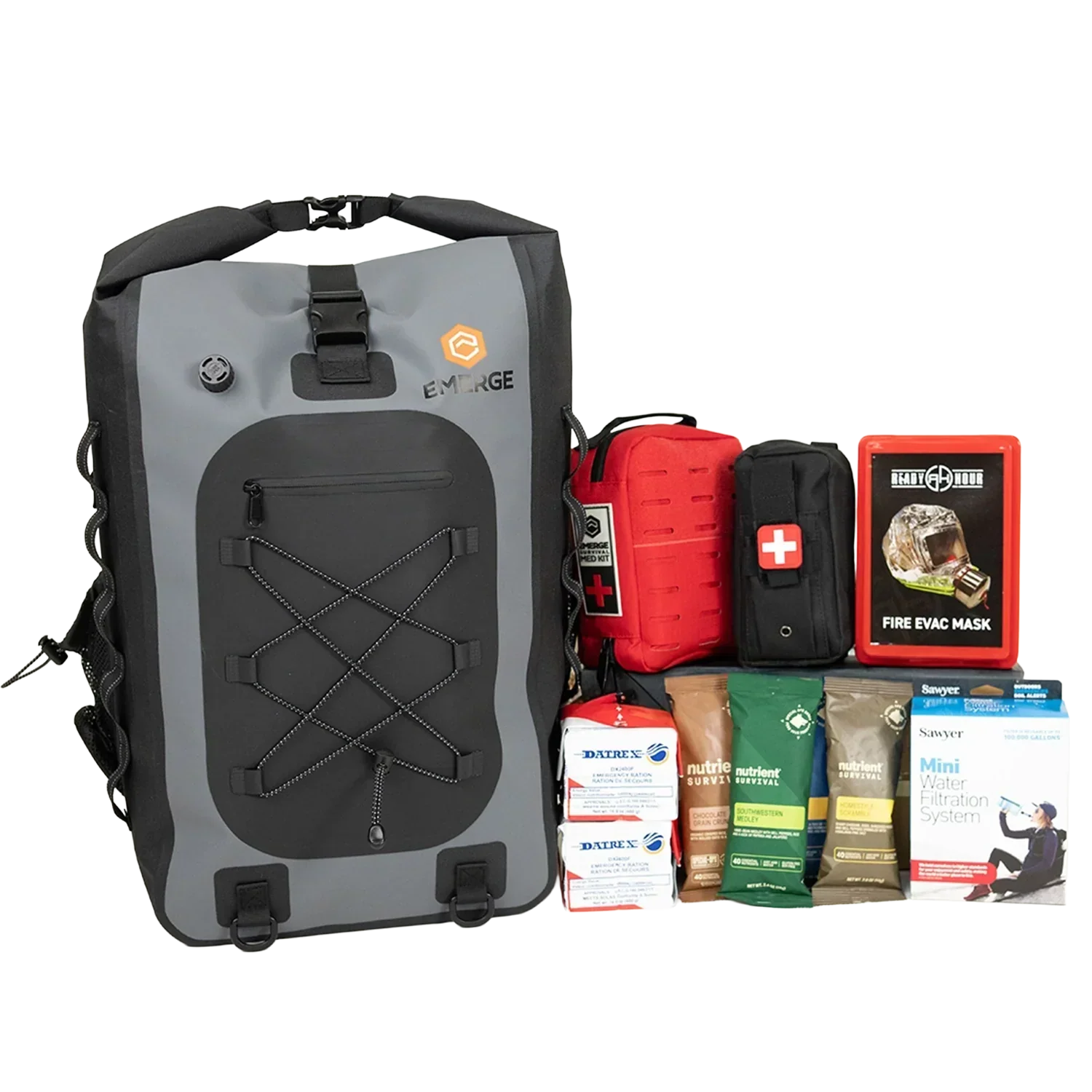 Emerge Survival Evacuation Bag with over 70 essential survival gear items for shelter, warmth, water filtration, and medical supplies