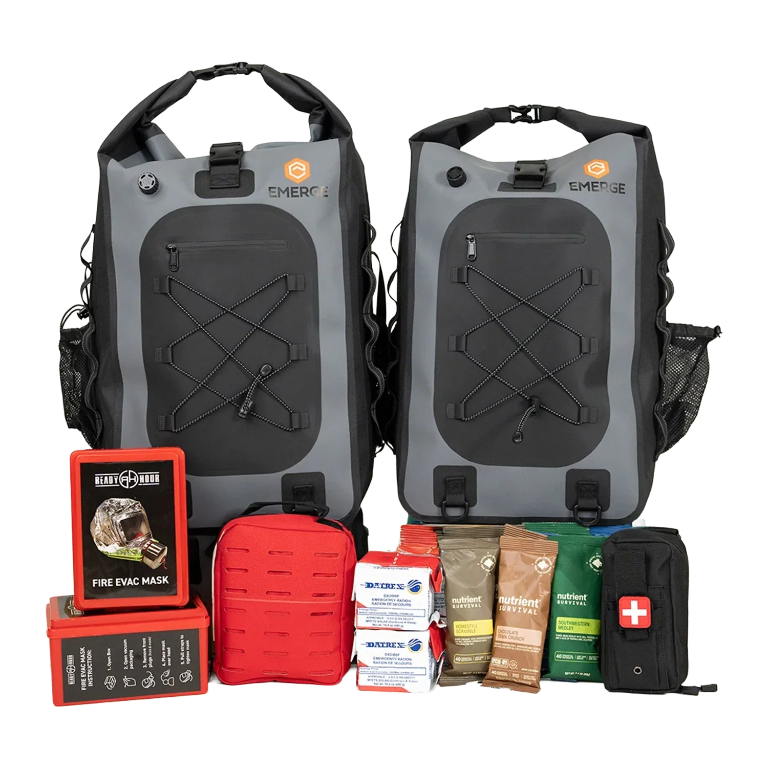 Emerge Survival Evacuation Bag packed with over 70 essentials, 50L water-resistant tactical pack for emergency preparedness