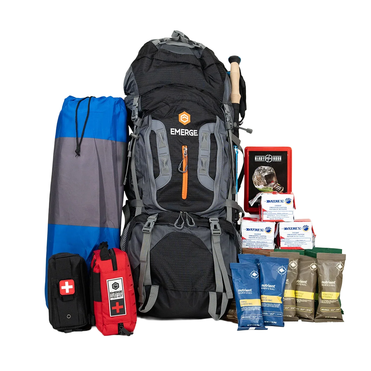 Evacuation Pro Bag with survival tools, shelter, water filtration, and medical supplies for long-distance evacuations