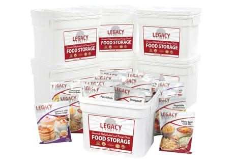 Legacy Premium 720-serving emergency food storage package with nitrogen-flushed pouches and variety of meals in buckets