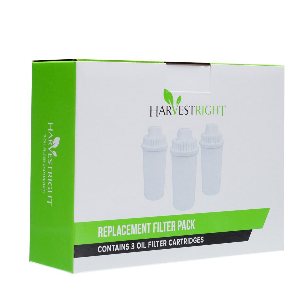 Three-pack of Harvest Right oil filter cartridges for vacuum pump oil filtration in freeze dryers