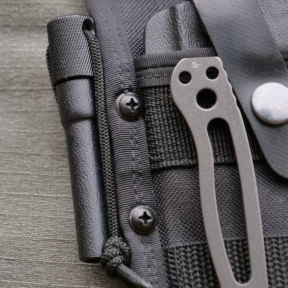 MSK-1 Firesteel Kit 2.0 with black aluminum handle, ferrocerium rod, and choice of Kydex or leather sheath for outdoor fire-starting
