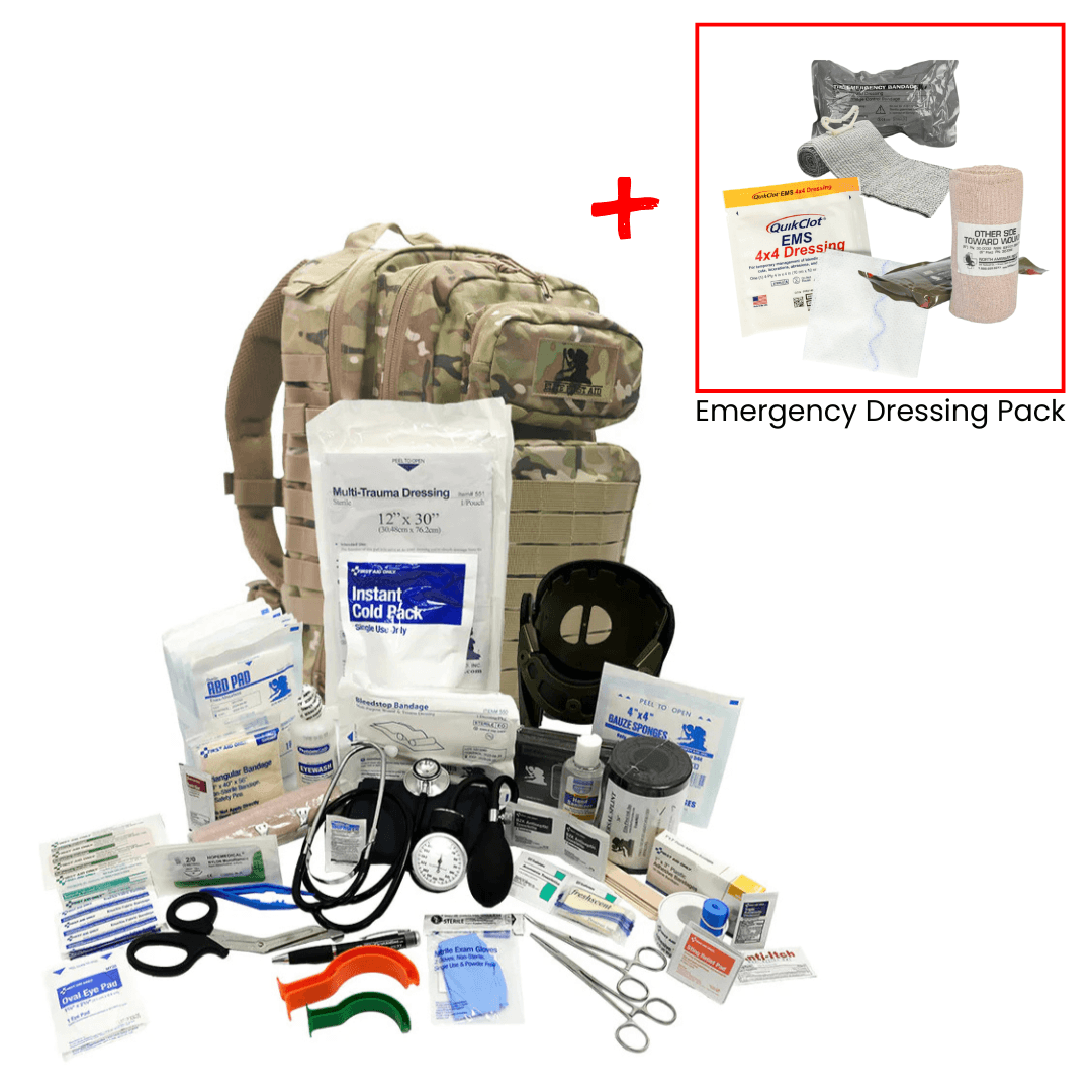 Weather-resistant general purpose first aid backpack with 70 professional supplies for cuts, burns, and airway management