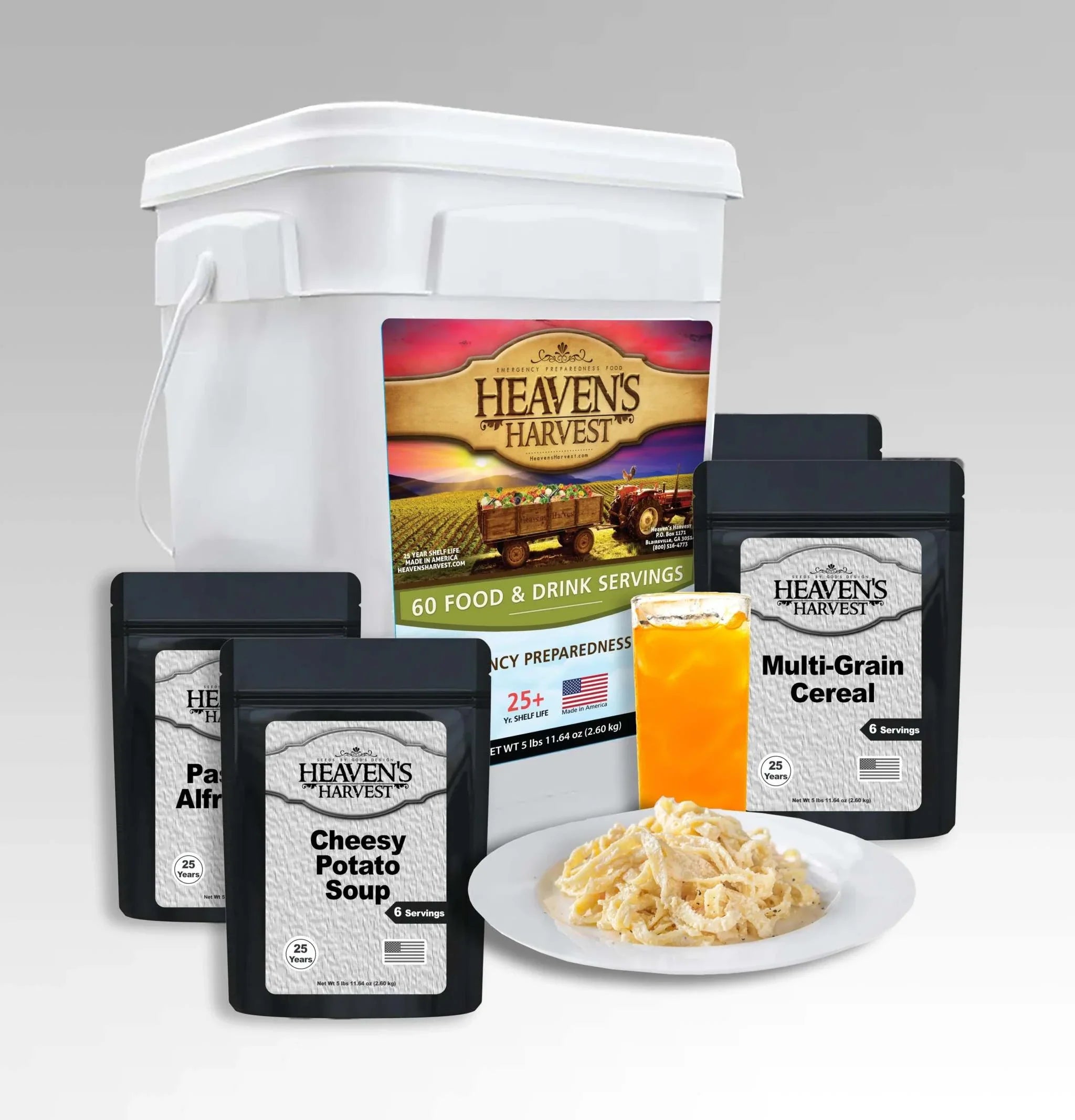 60-serving emergency food kit with freeze-dried meals and drink mix in stackable bucket
