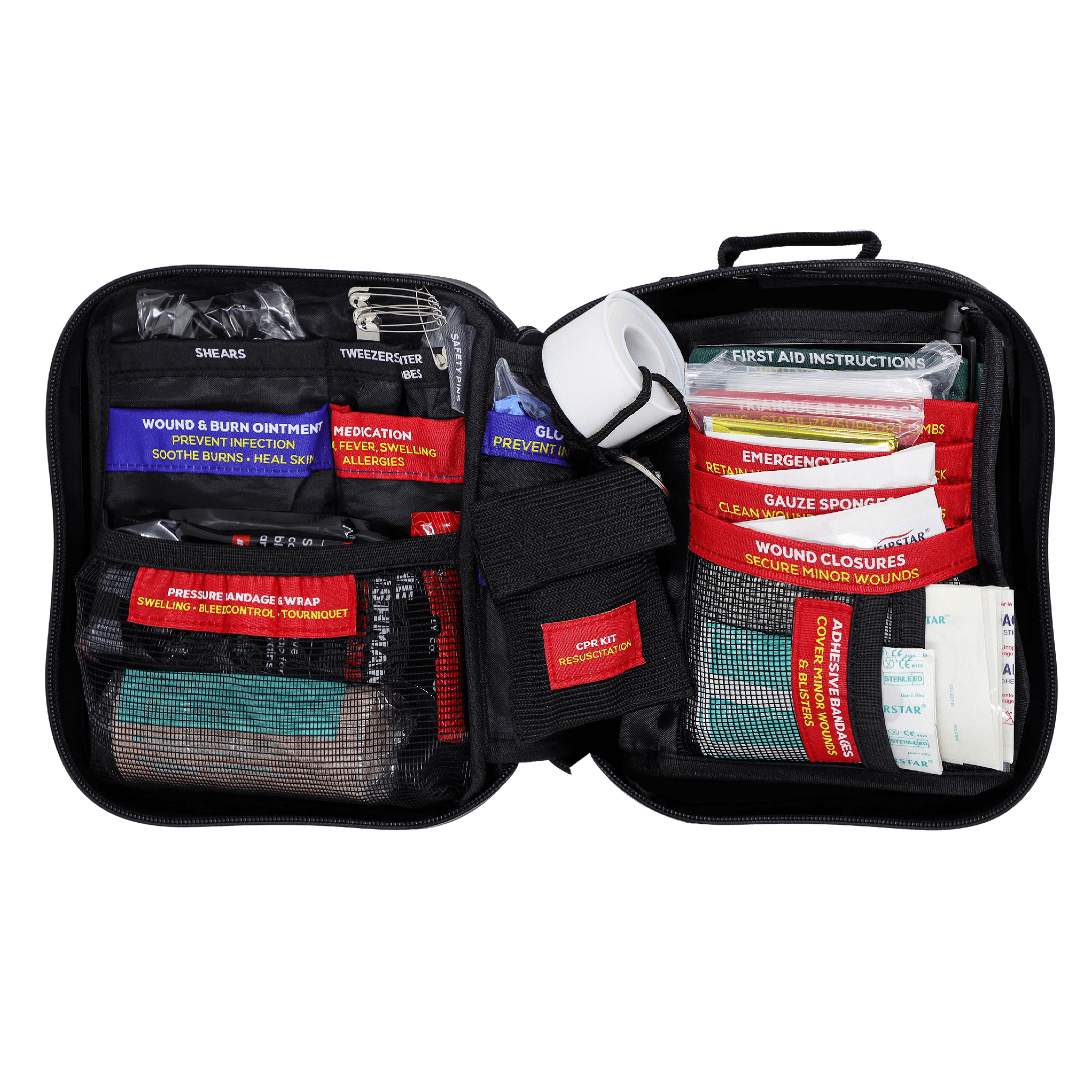 First Aid Plus waterproof emergency kit with medical supplies and gear repair tools in rugged black pouch