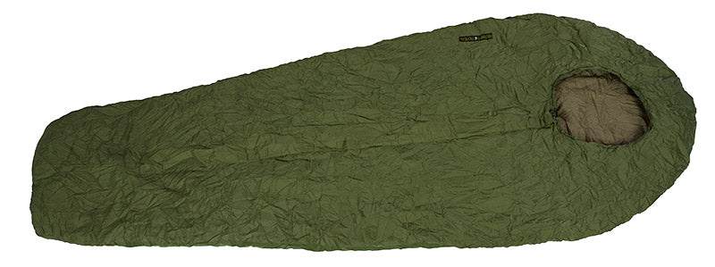 Recon 3 Sleeping Bag in olive drab with compression sack, military-grade, rated to 23°F, lightweight and waterproof.