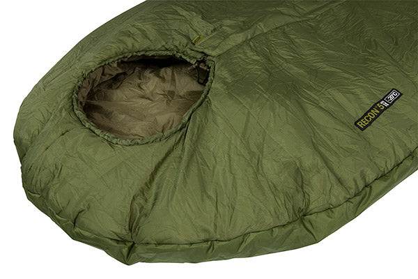 Recon 3 Sleeping Bag in olive drab with compression sack, military-grade insulation, and waterproof shell designed for use in cold weather down to 23°F.
