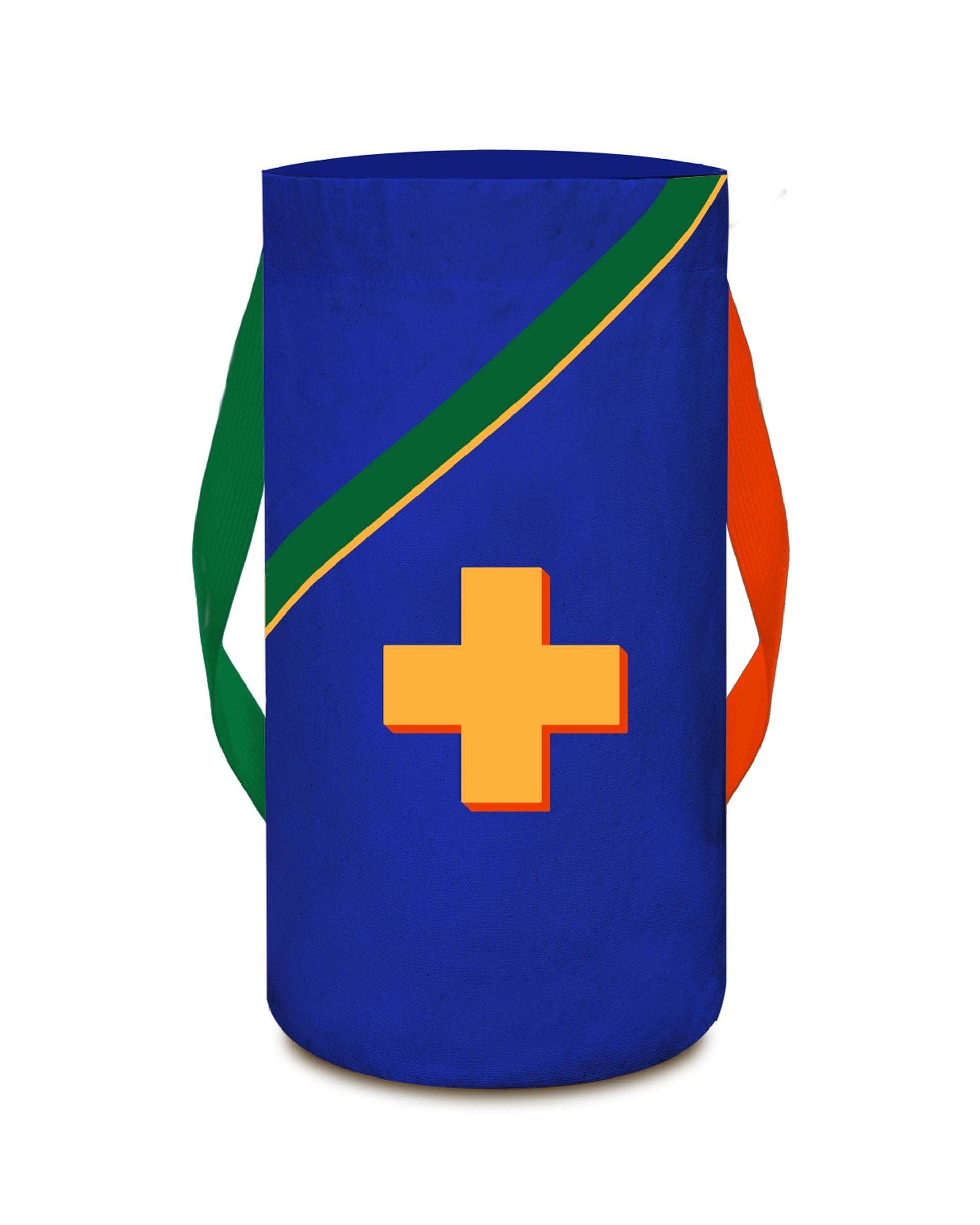 Natural canvas barrel backpack filled with kids' 3-Day Emergency Kit including food, water, and first-aid supplies