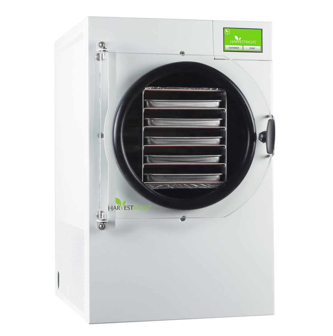Medium satin white home freeze dryer with stainless steel trays and industrial vacuum pump