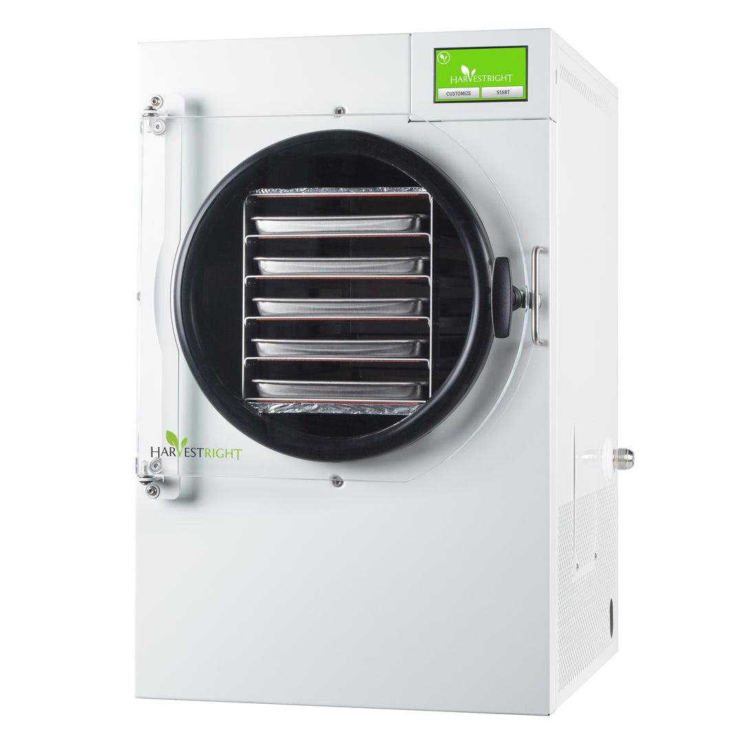 Medium satin white Home Freeze Dryer for residential food preservation with 675 sq. in. tray space and industrial vacuum pump.