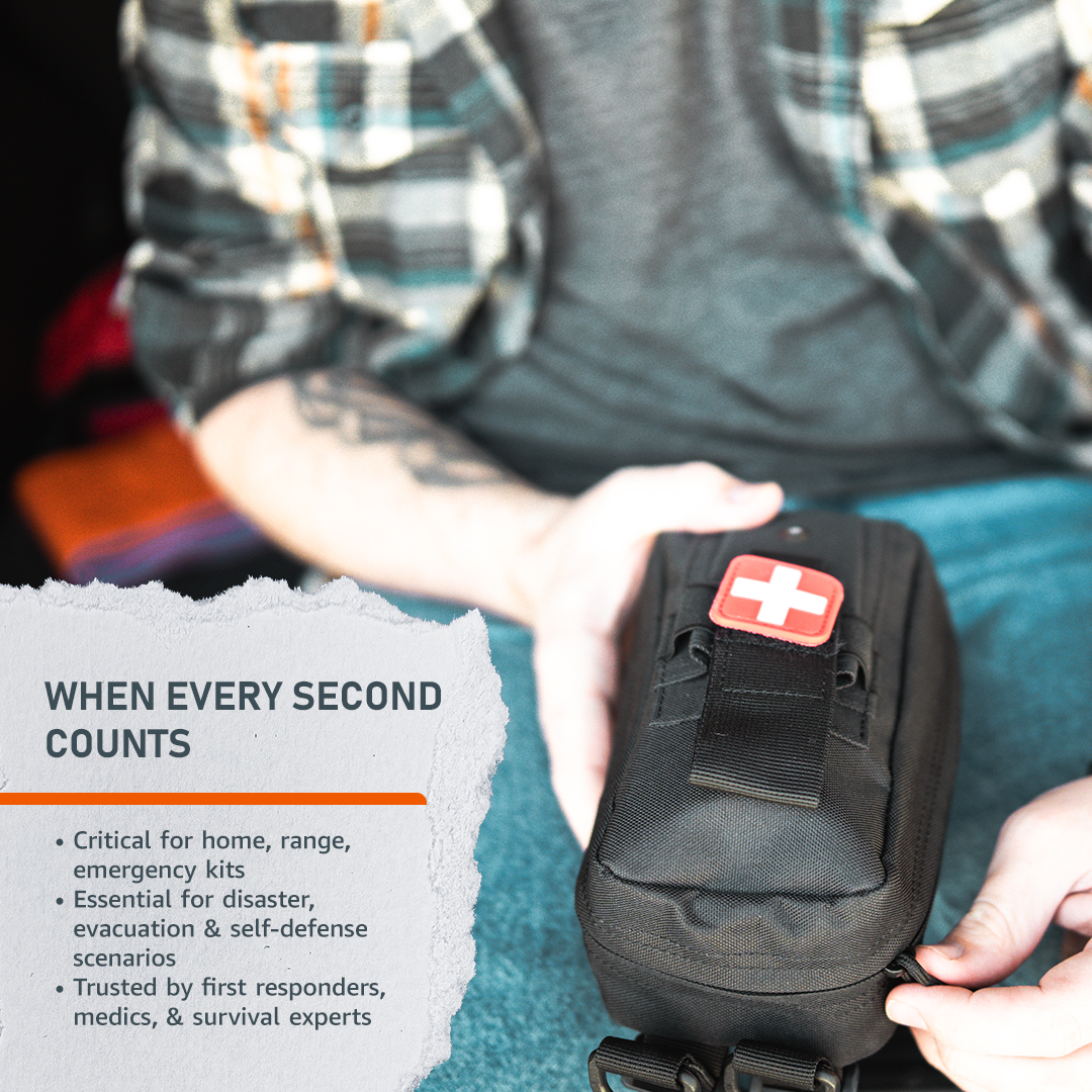 Compact On-Hand First Aid Kit designed for emergency bleeding, wounds, burns, and lacerations treatment