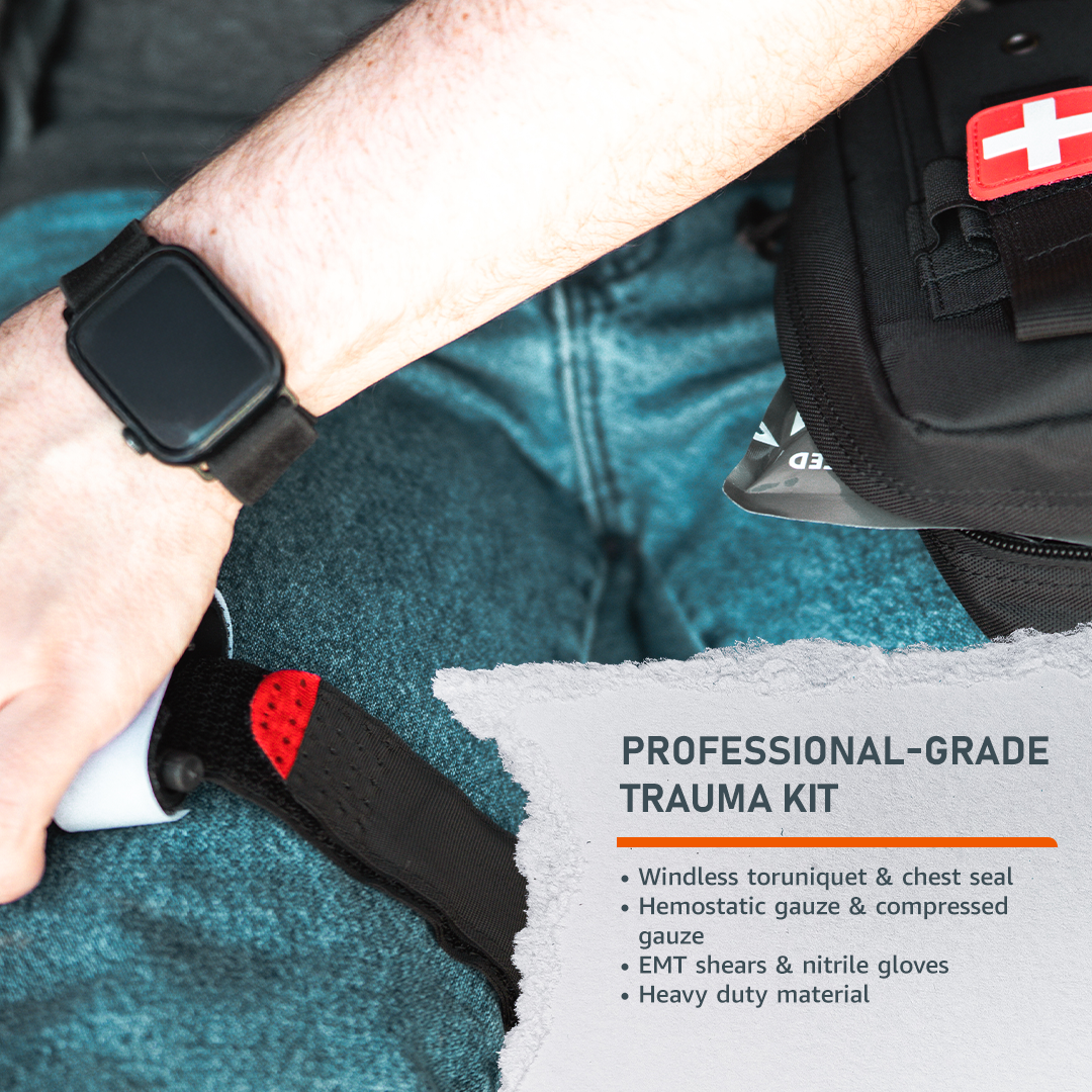 Compact On-Hand First Aid Kit ready for emergency bleeding, gunshot, burn, and laceration treatment