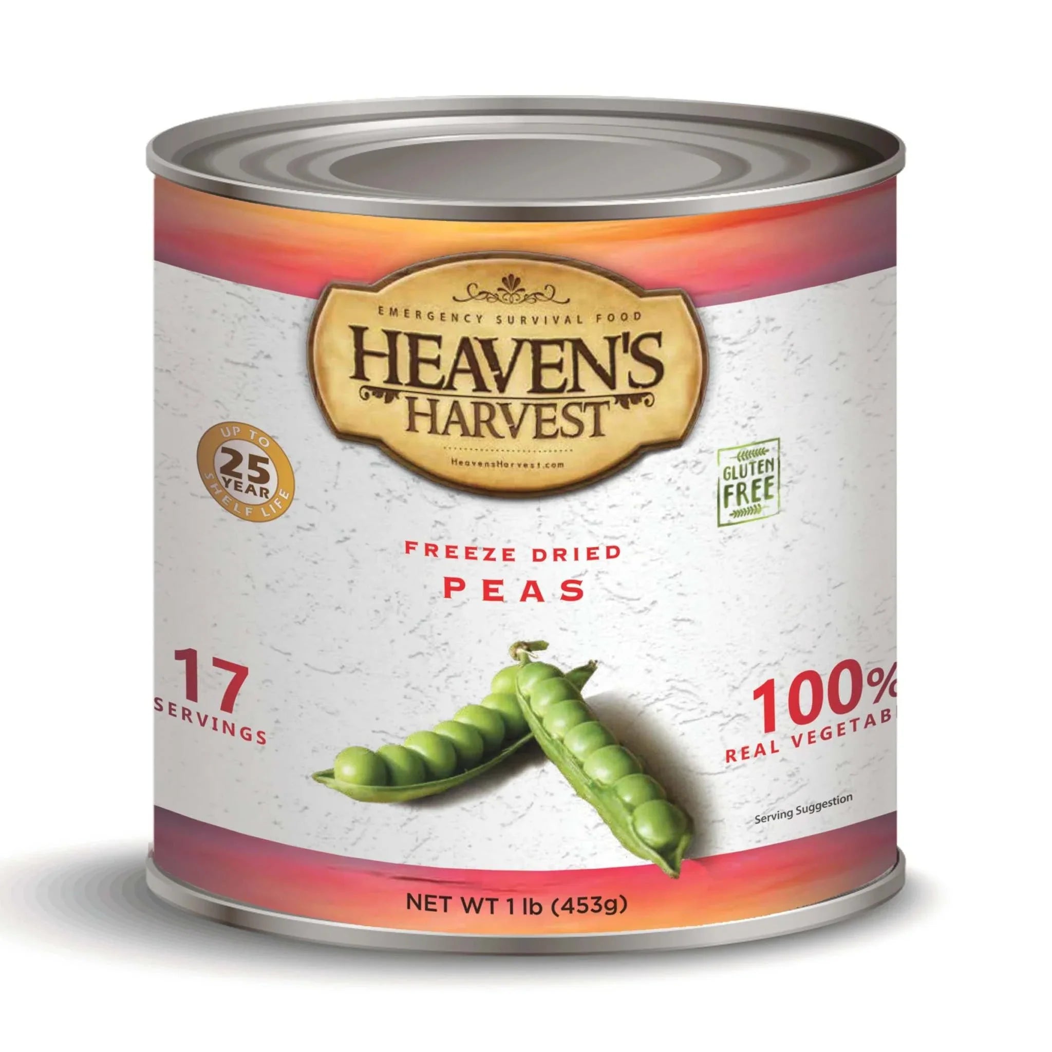 #10 can of nutritious freeze-dried peas with 25-year shelf life and gluten-free packaging