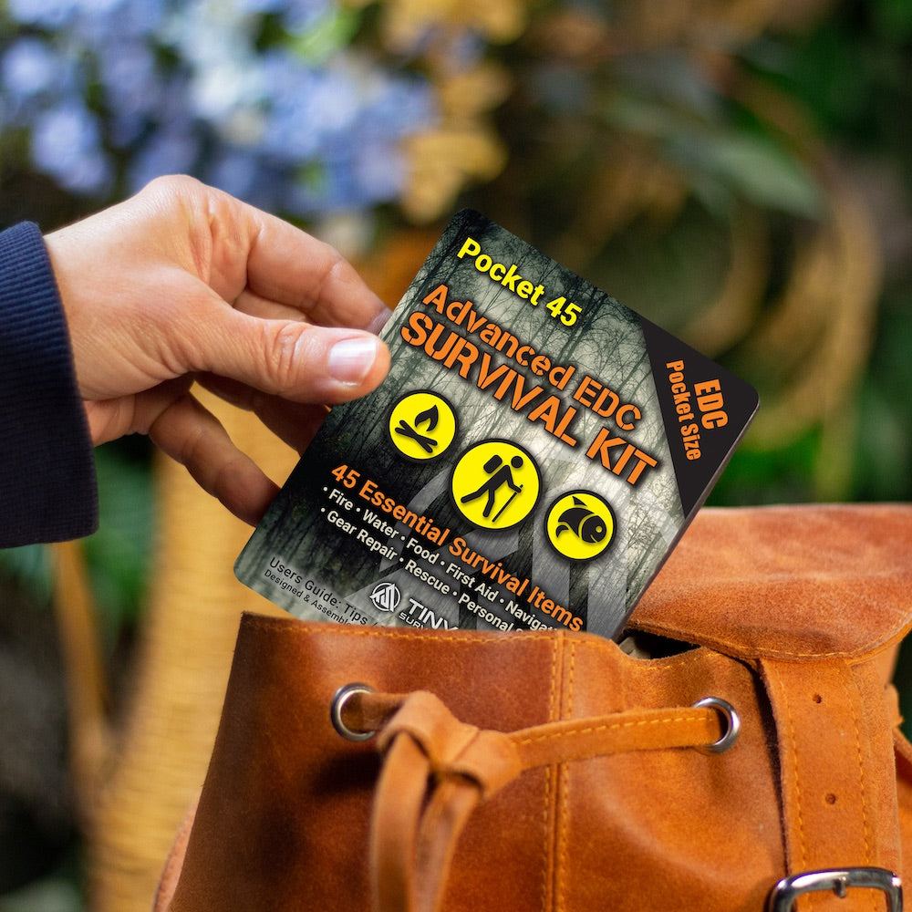 Compact Pocket 45 Survival Kit with 45 essential emergency tools in a clear waterproof zip bag