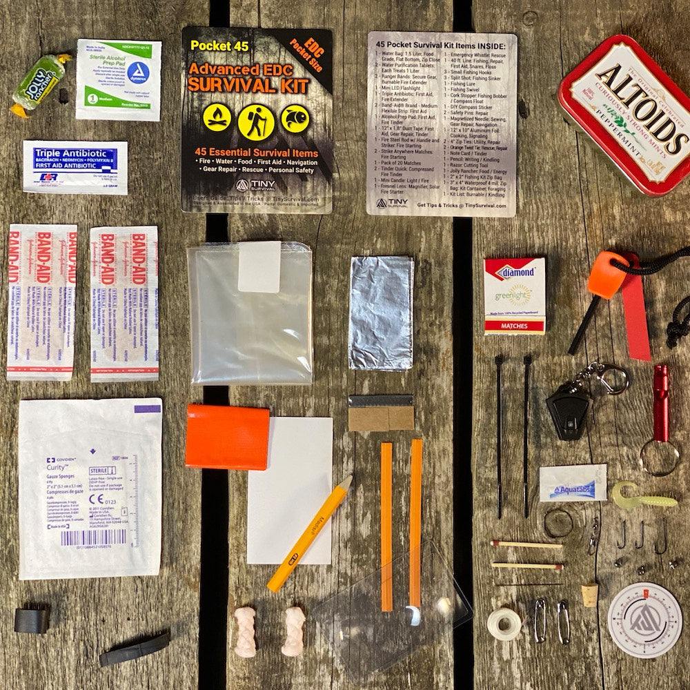 Compact Pocket 45 Survival Kit with 45 essential emergency tools in a waterproof zip bag
