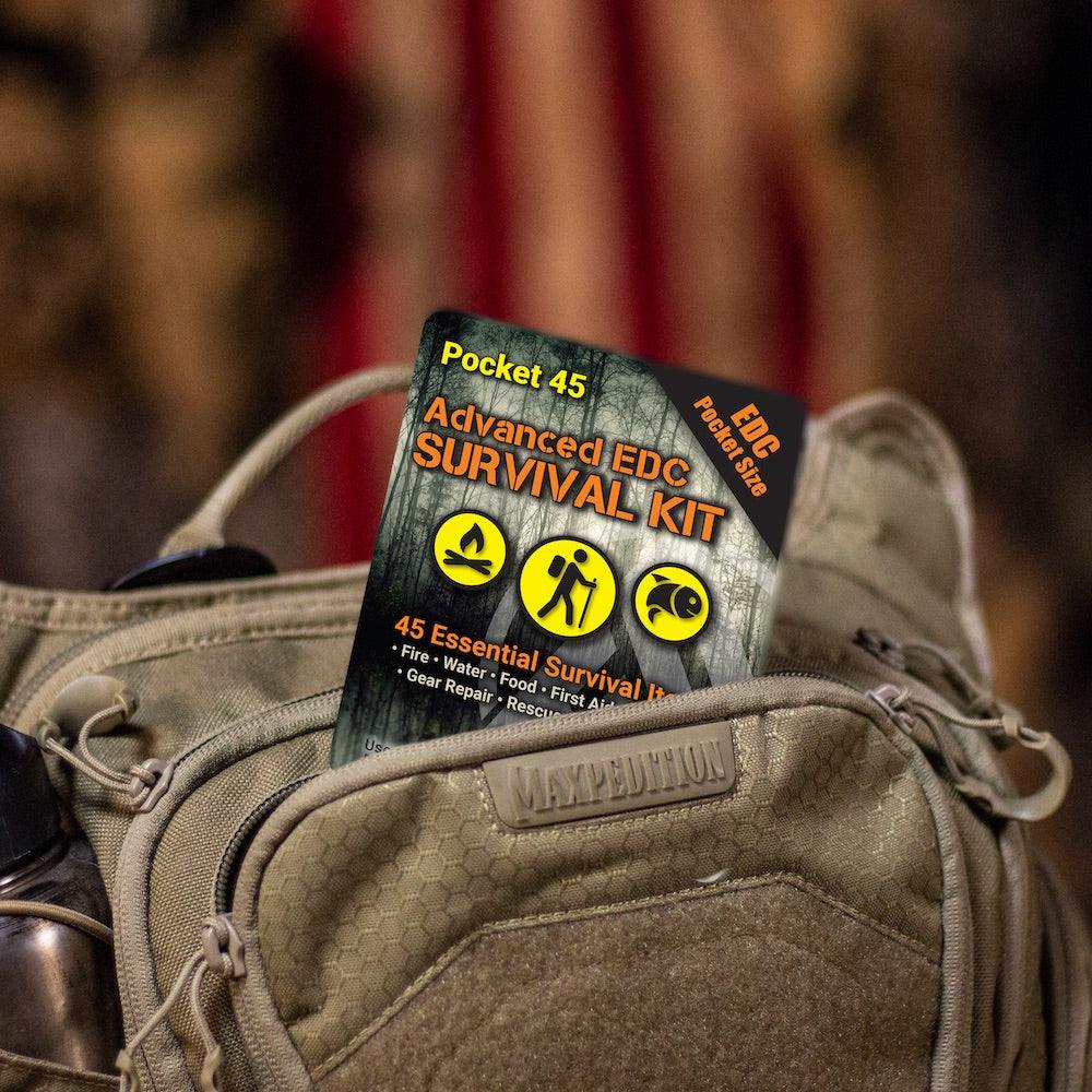 Compact Pocket 45 Survival Kit with 45 essential emergency tools in a waterproof clear zip bag