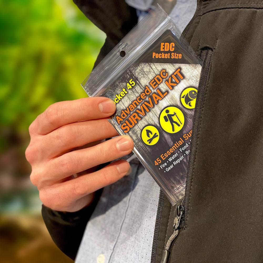 Pocket 45 Survival Kit with 45 essential compact EDC survival tools in a clear waterproof zip bag