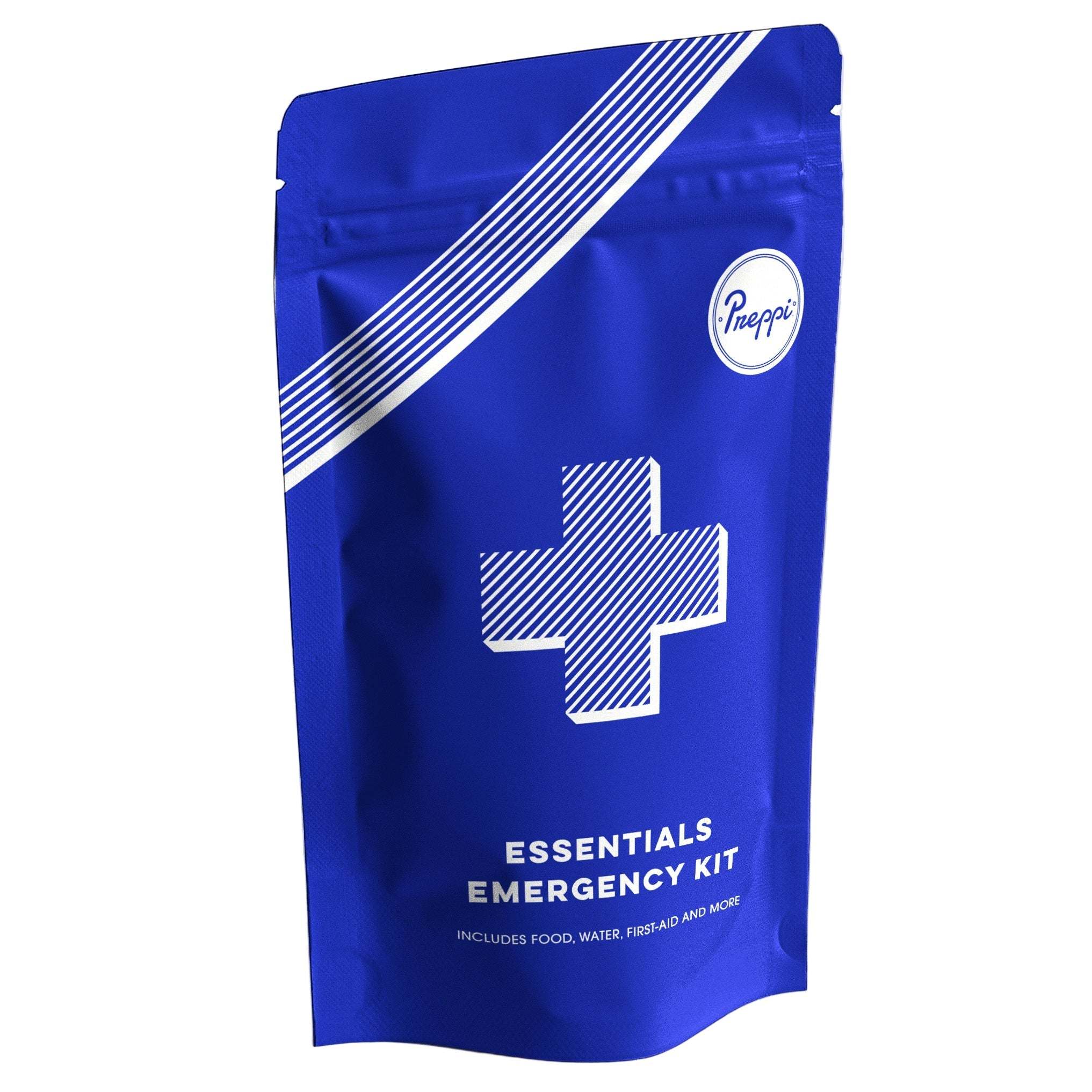 Preppi Essentials Emergency Kit with first-aid supplies, water, food ration, dynamo flashlight, rain poncho, respirator mask, and whistle