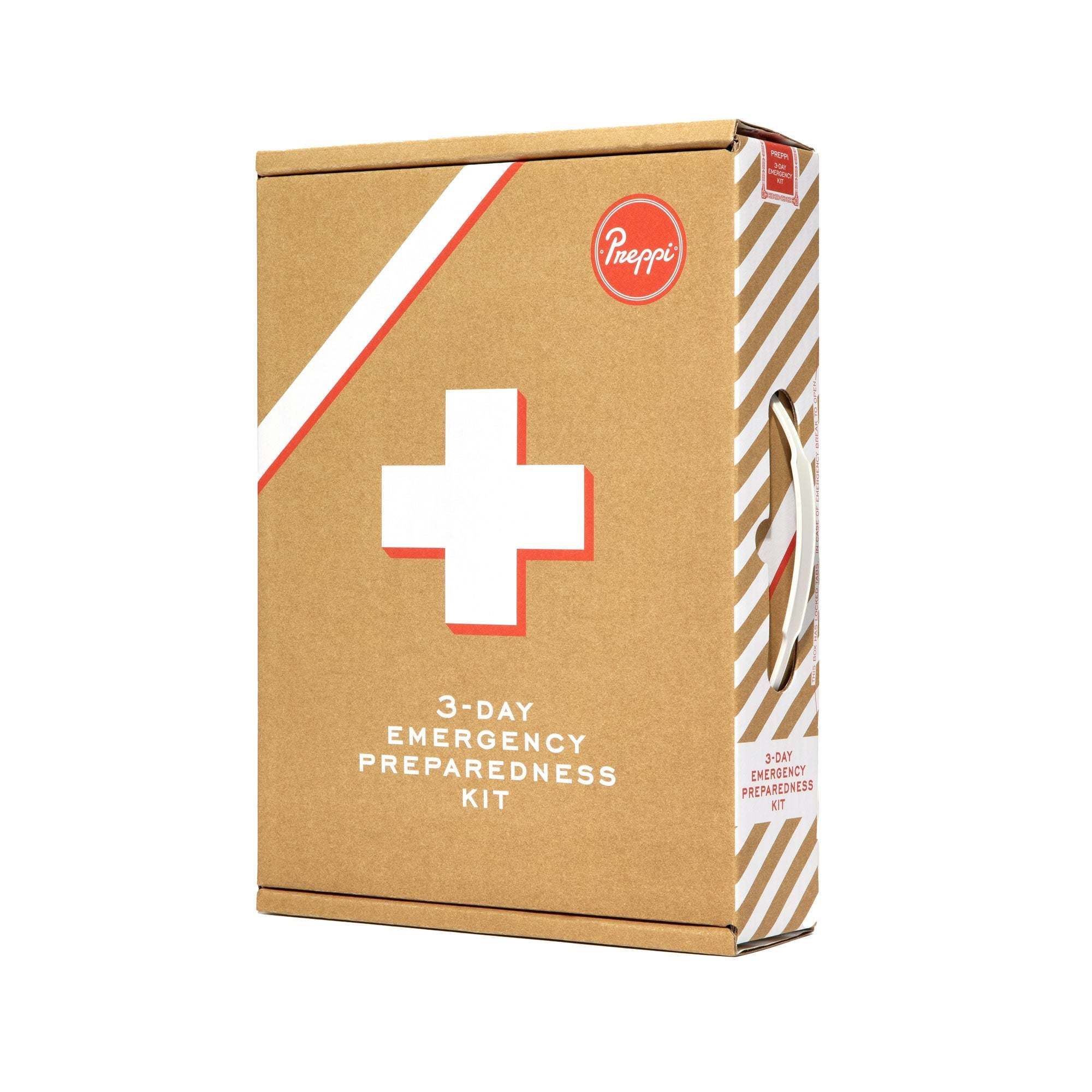 Compact Preppi GoBox 3-day emergency kit with handle, first-aid, food, water, and survival tools