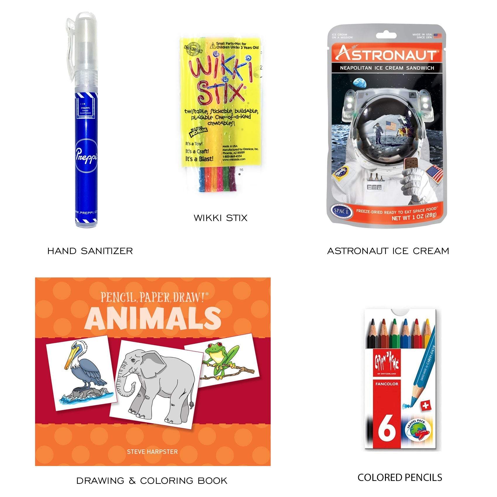 Colorful natural canvas backpack open showing the Preppi 3-Day Emergency Kit contents for kids including first aid supplies, water packs, food rations, activity pack with coloring book and games, whistle, Mylar blanket, and poncho