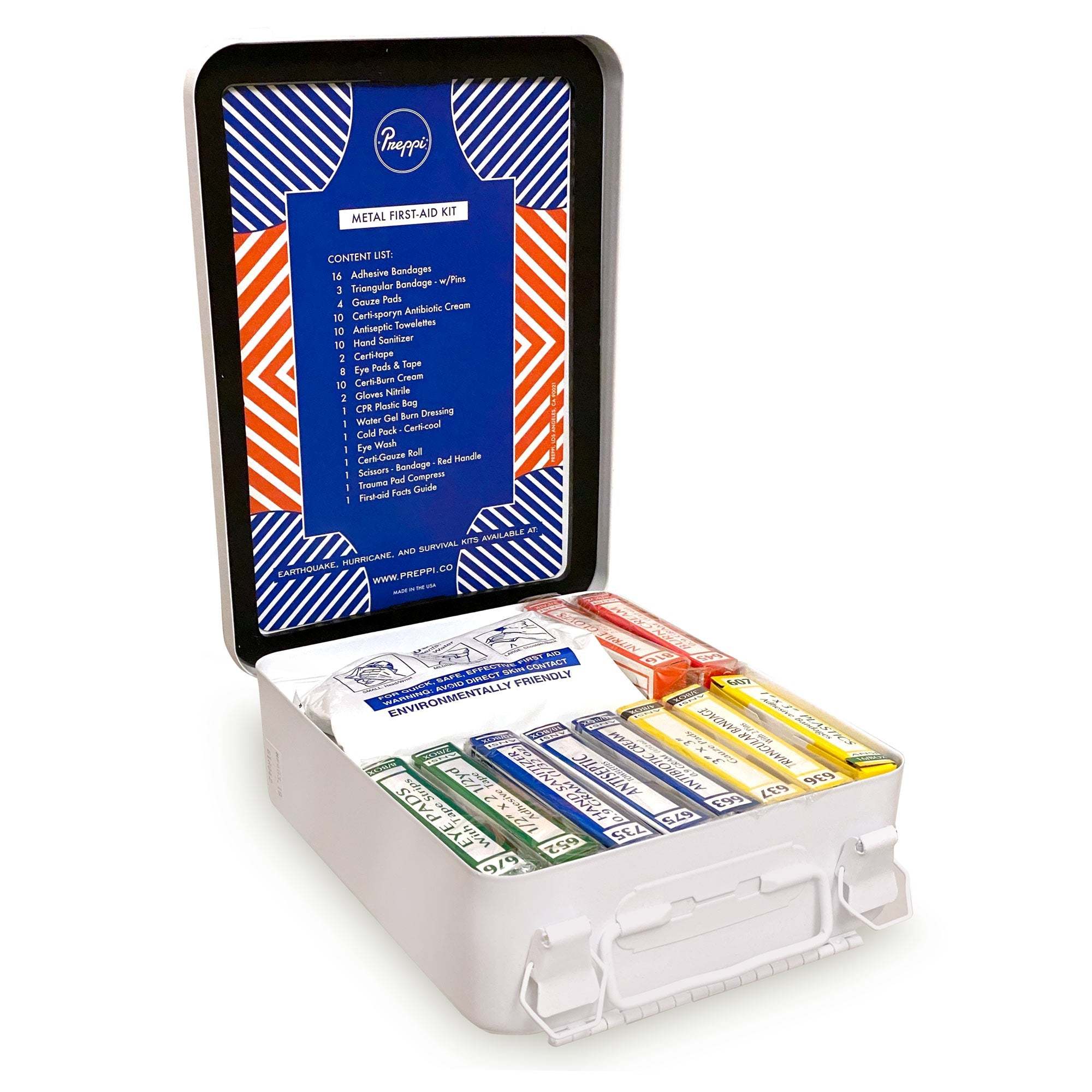 Preppi Metal First-Aid Kit compact waterproof steel case with organized sterile supplies for home, travel, and outdoor emergencies