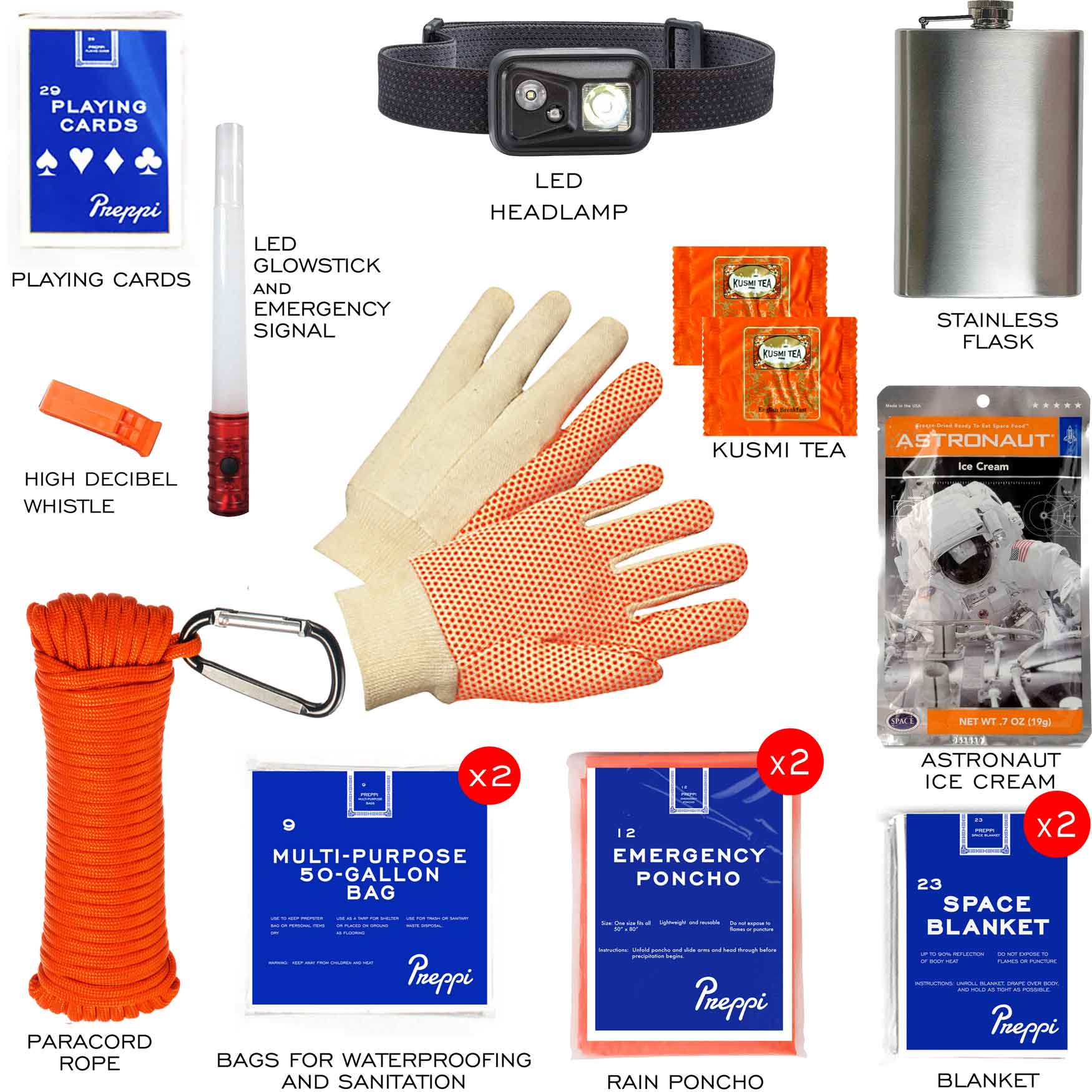 Preppi 2-Person Emergency Kit durable black survival bag with emergency supplies and reflective artwork
