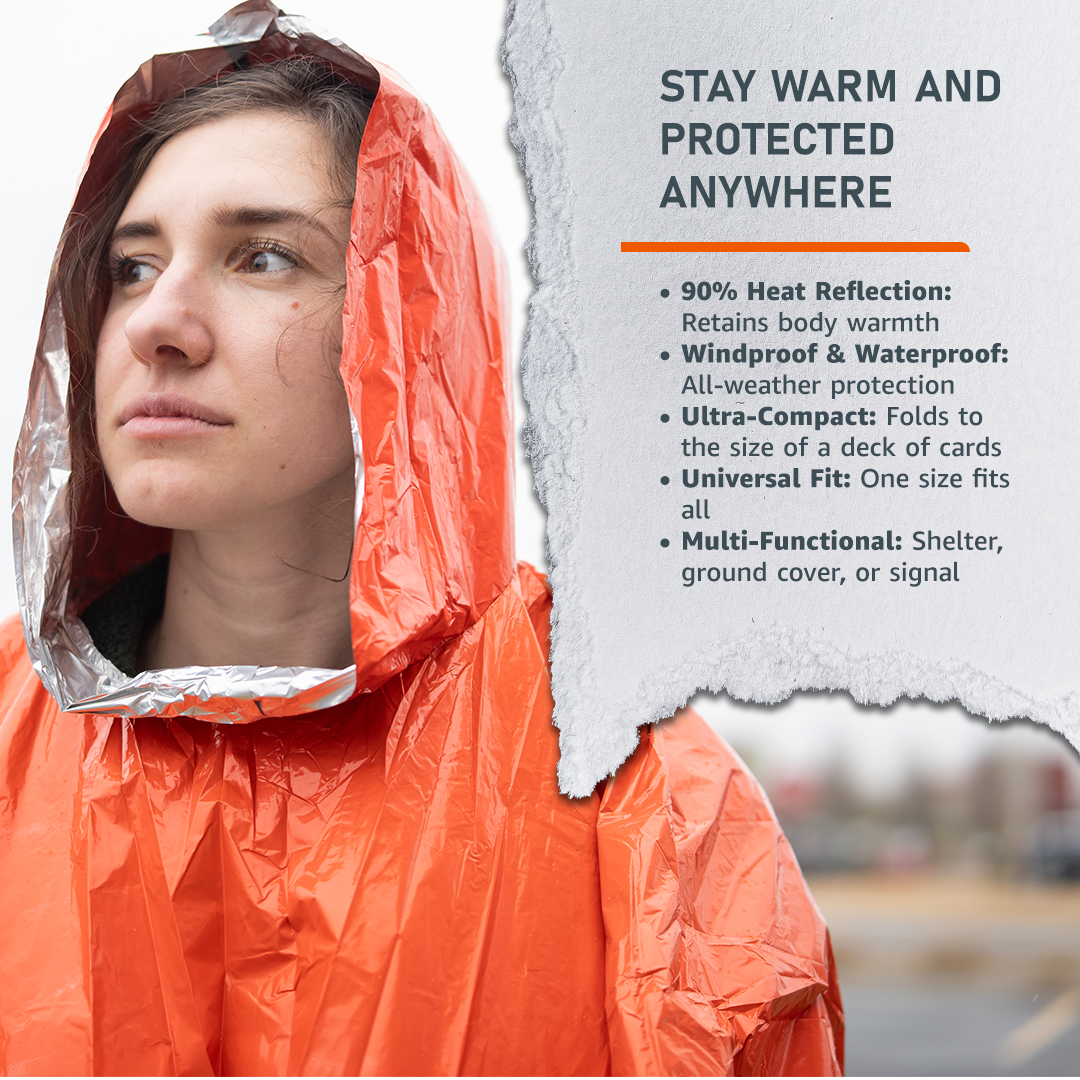 Lightweight heat-reflective Mylar poncho protecting against wind and rain in survival situations