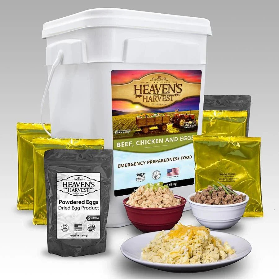 Heaven's Harvest 1 Month Combo Emergency Food Storage Kit with three buckets and 308 servings