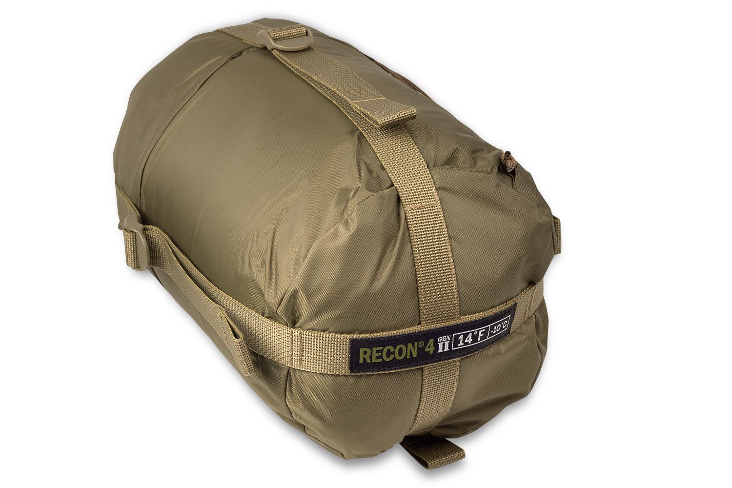 Recon 4 Sleeping Bag military mummy bag in army green with waterproof nylon shell and Thermolite insulation rated to 14°F