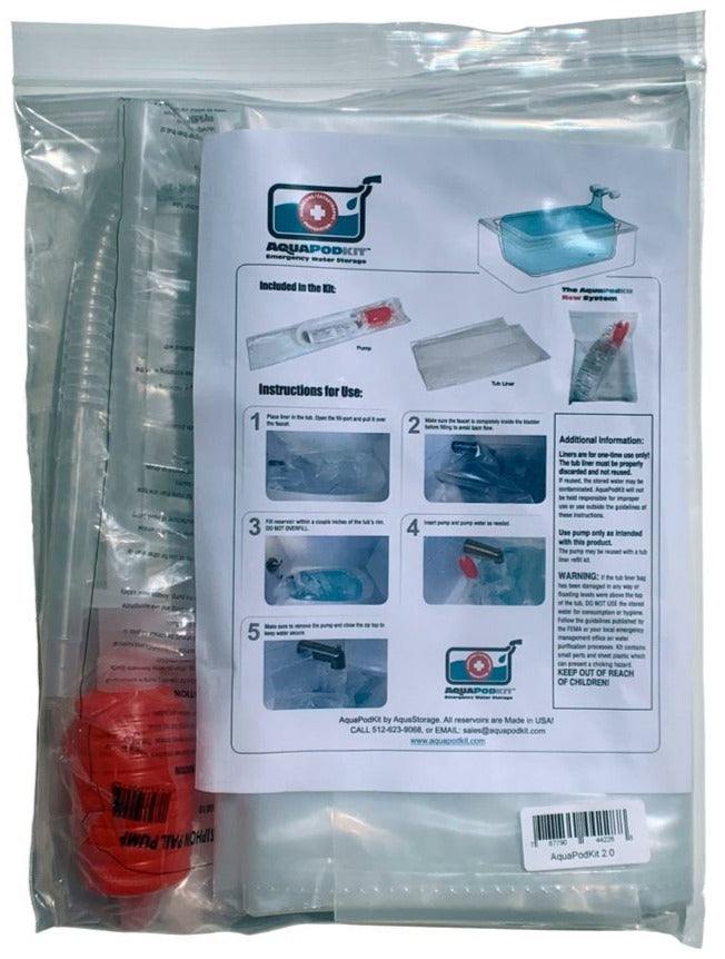 AquaPodKit emergency water storage system with tub liner and manual pump in bathtub