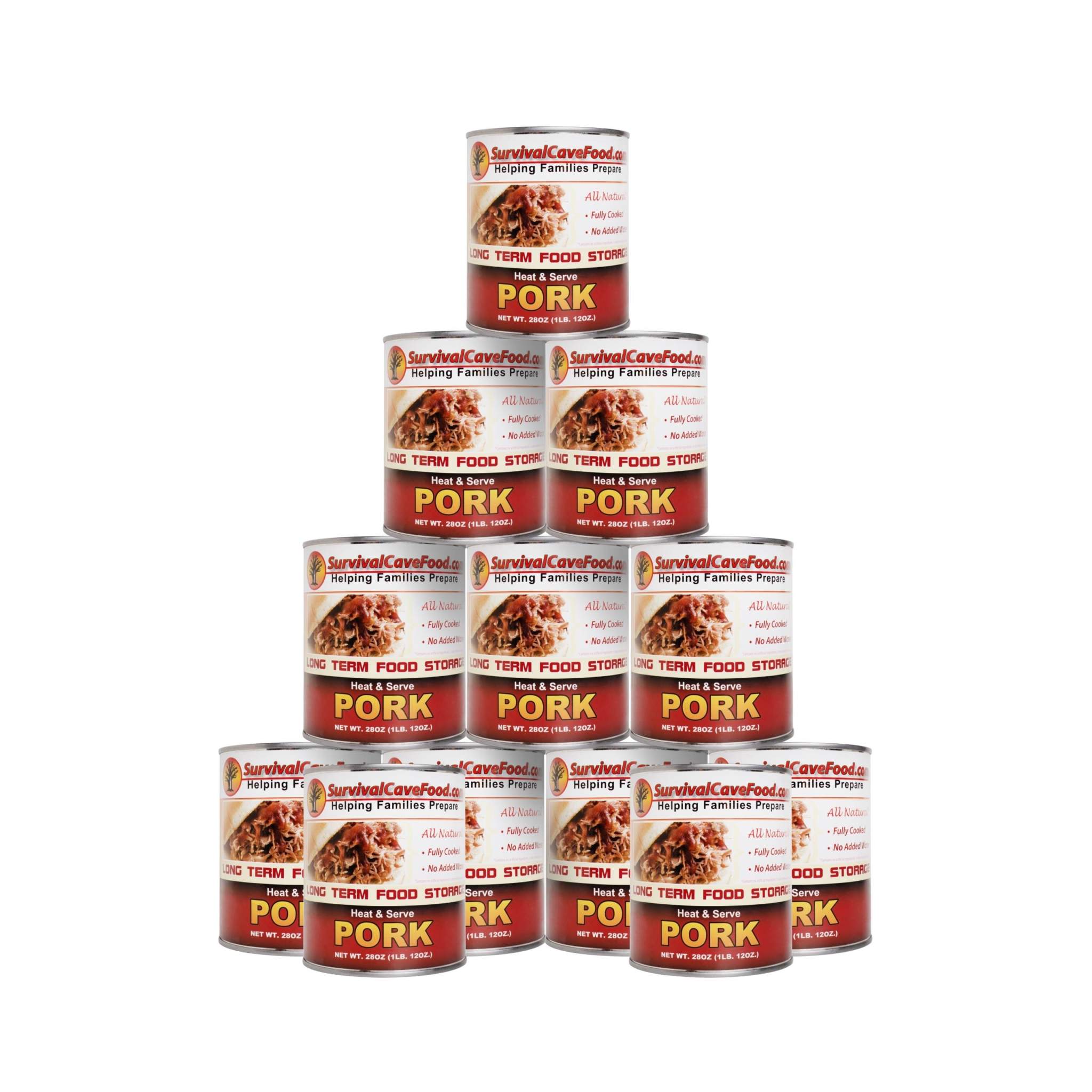 Survival Cave Pork 12-pack 28 oz cans ready-to-eat all-natural canned meat with long shelf life