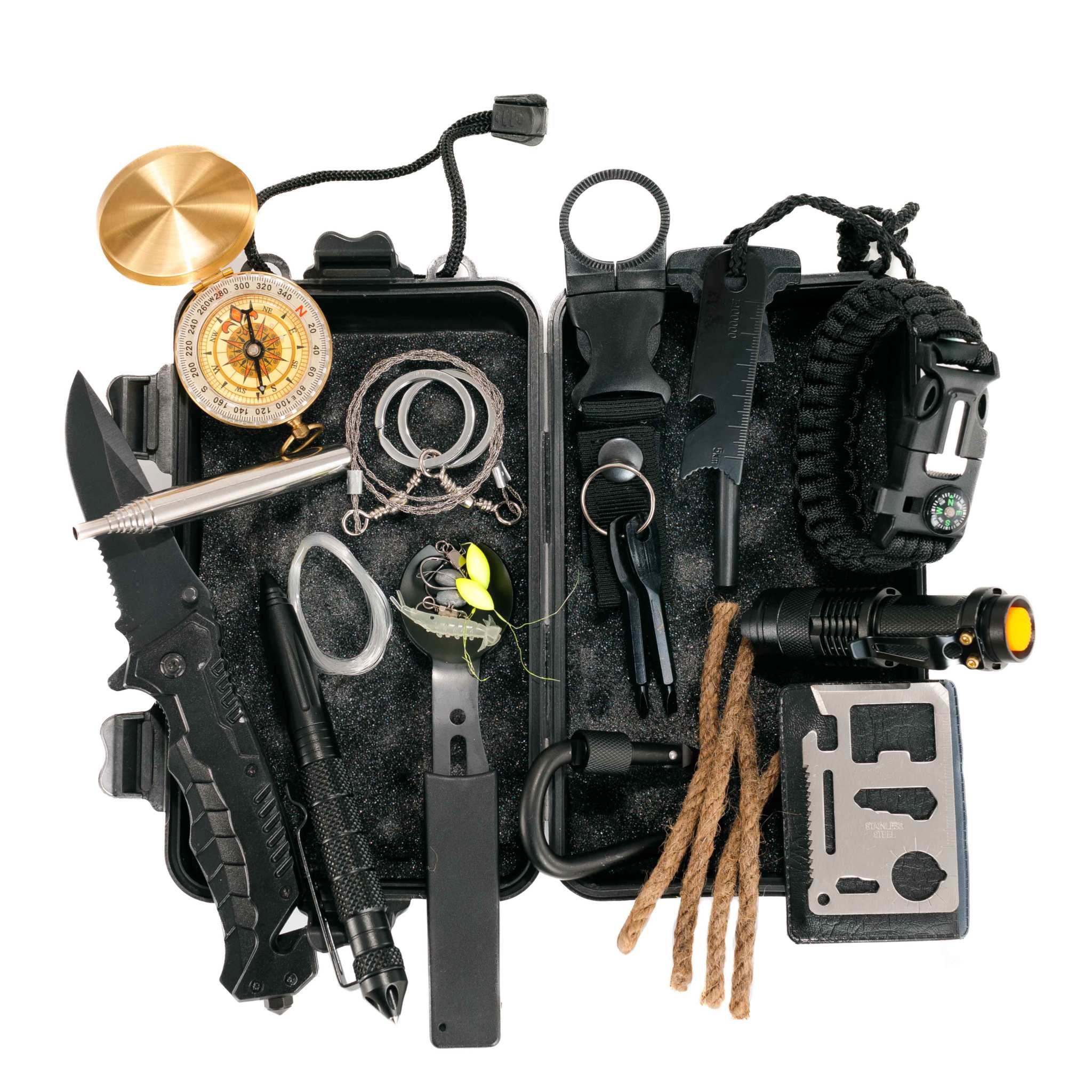 Compact EDC Survival Bundle with 21 essential emergency tools in a waterproof case