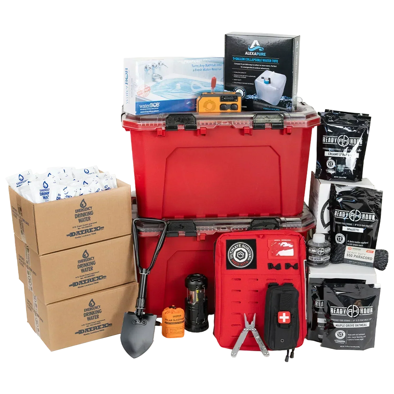 Emerge Survival Shelter emergency preparedness kit with food, water, medical supplies, and lighting for shelter-in-place scenarios