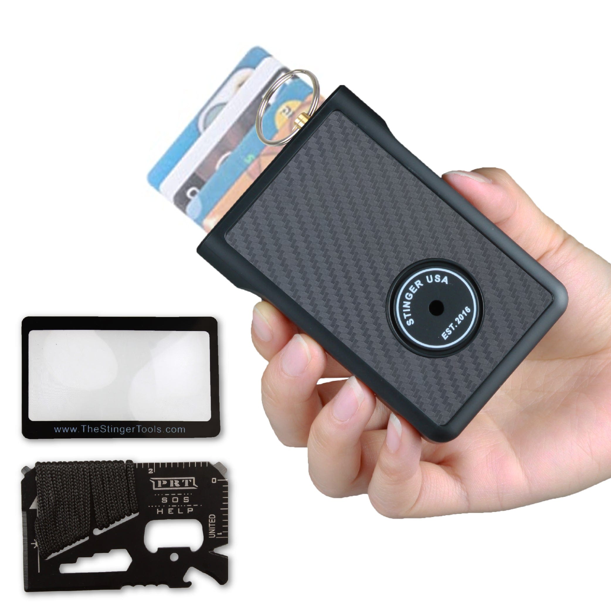Stinger Survival Tools Emergency Escape Tool Safety Wallet With Personal Alarm Multi Functional Tool (Black Carbon Fiber) Safety Wallet w/ Personal Alarm - Carbon Fiber | Stinger