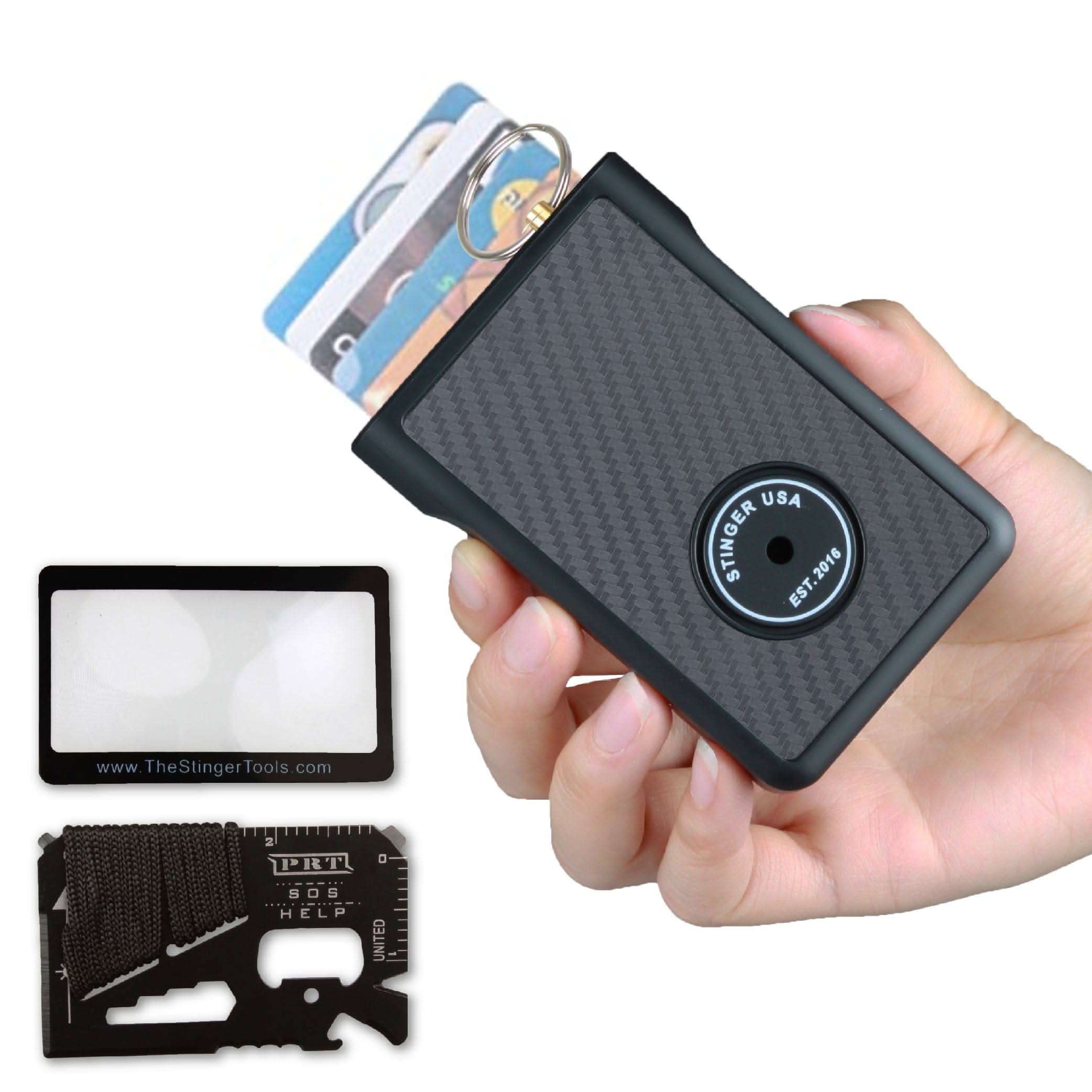 Stinger Survival Tools Emergency Escape Tool Safety Wallet With Personal Alarm Multi Functional Tool (Black Carbon Fiber) Safety Wallet w/ Personal Alarm - Carbon Fiber | Stinger