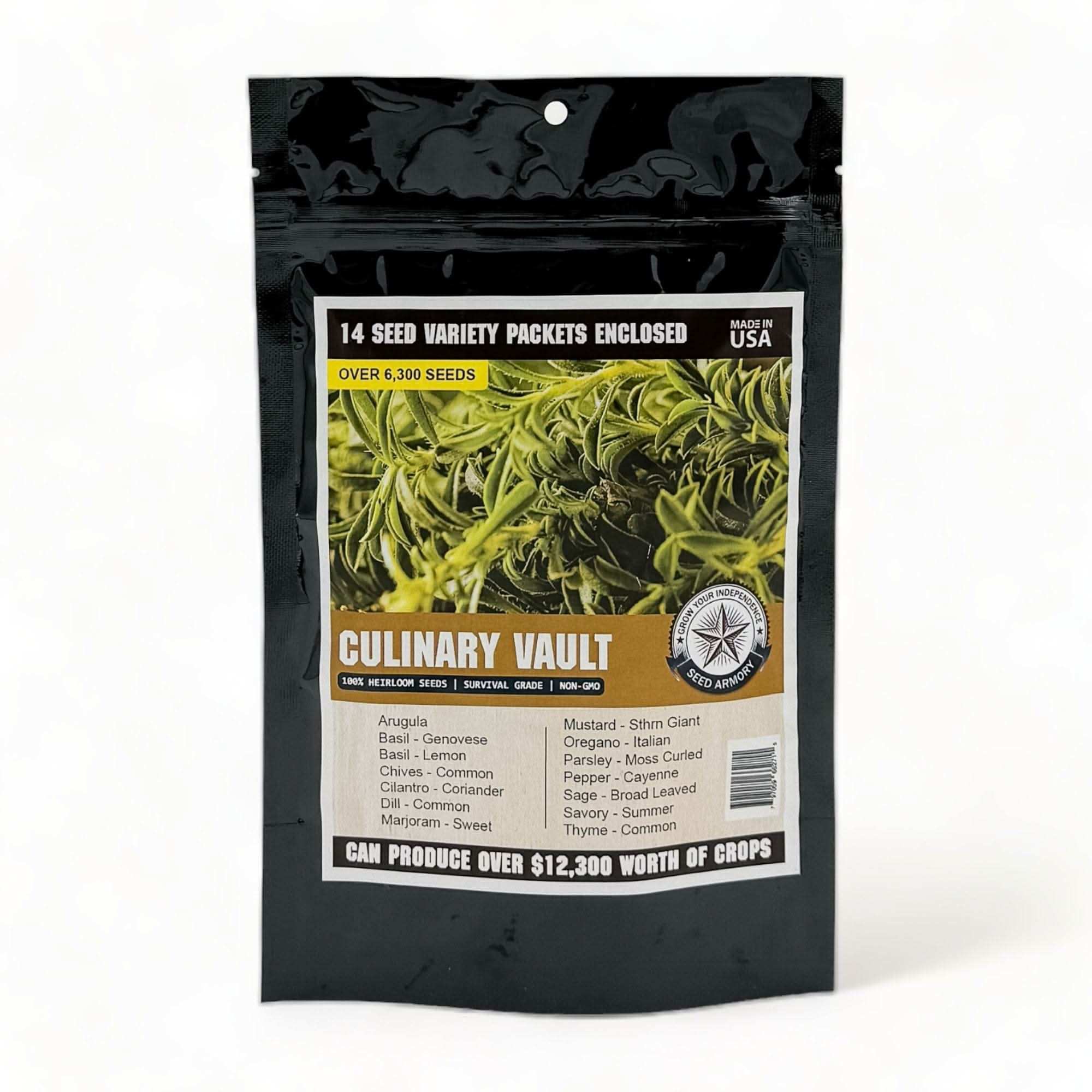 Culinary Vault Seeds 14 varieties heirloom non-GMO herb seed packets in resealable mylar packaging
