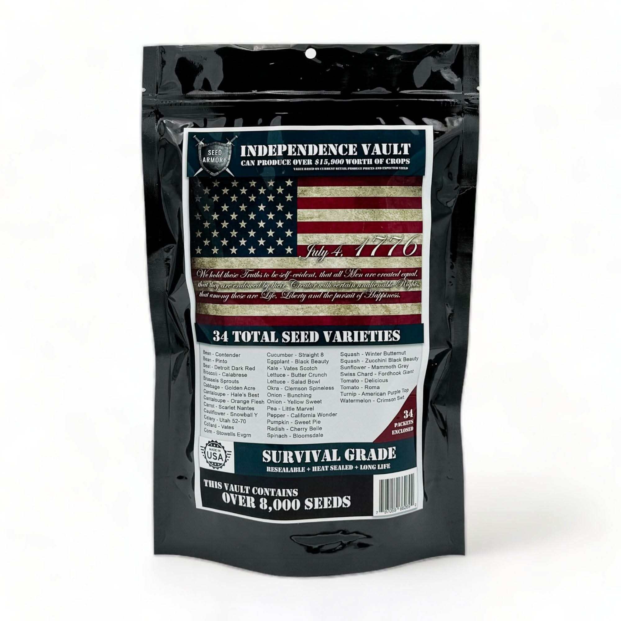 Independence Seed Vault kit with 34 heirloom, non-GMO seed varieties for USDA zones 4-9