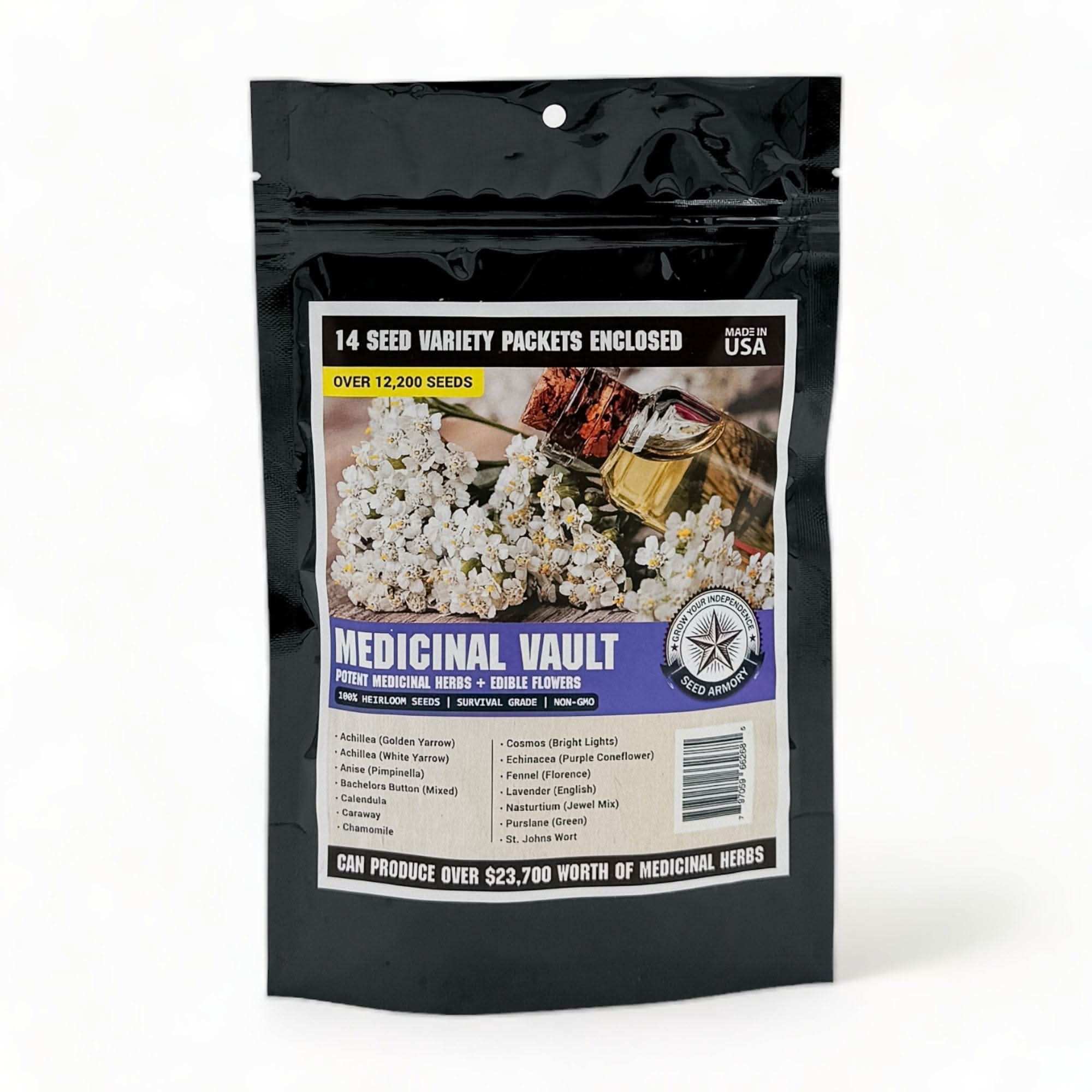 Medicinal Survival Seed Vault with 14 herbal seed varieties in resealable mylar packaging for USDA zones 4-9