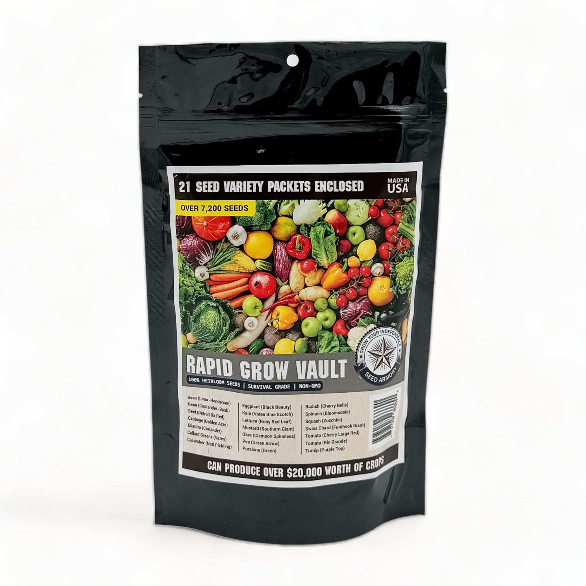 Rapid Grow Seed Vault with 21 heirloom seed varieties for quick germination and USDA zones 4-9.