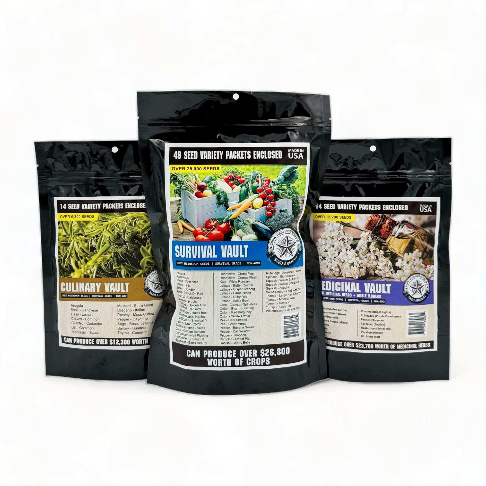 Survival Seed Vault Super Kit with 77 non-GMO heirloom seed varieties for long-term food independence