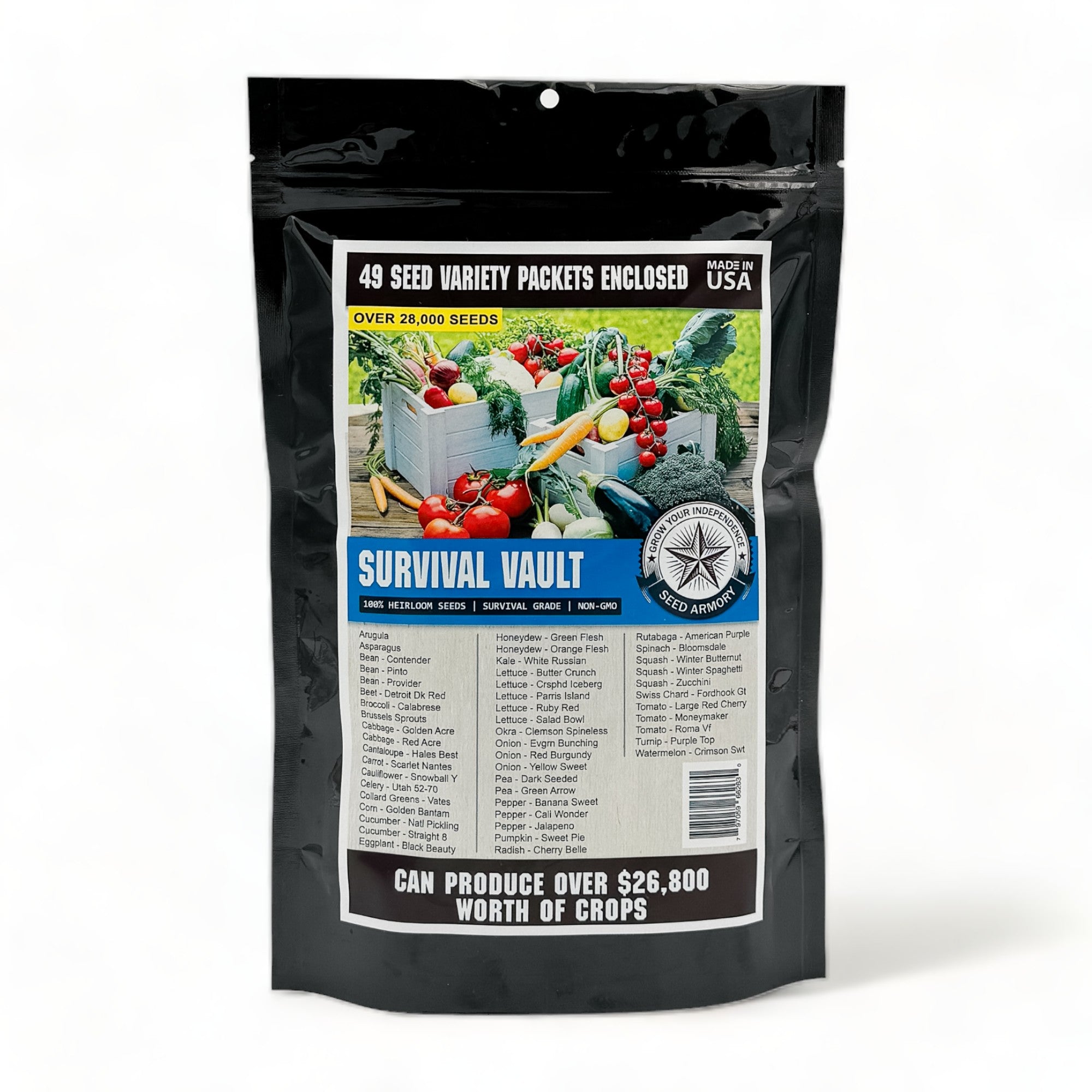 Survival Heirloom Seed Vault with 49 non-GMO seed varieties for a full survival garden