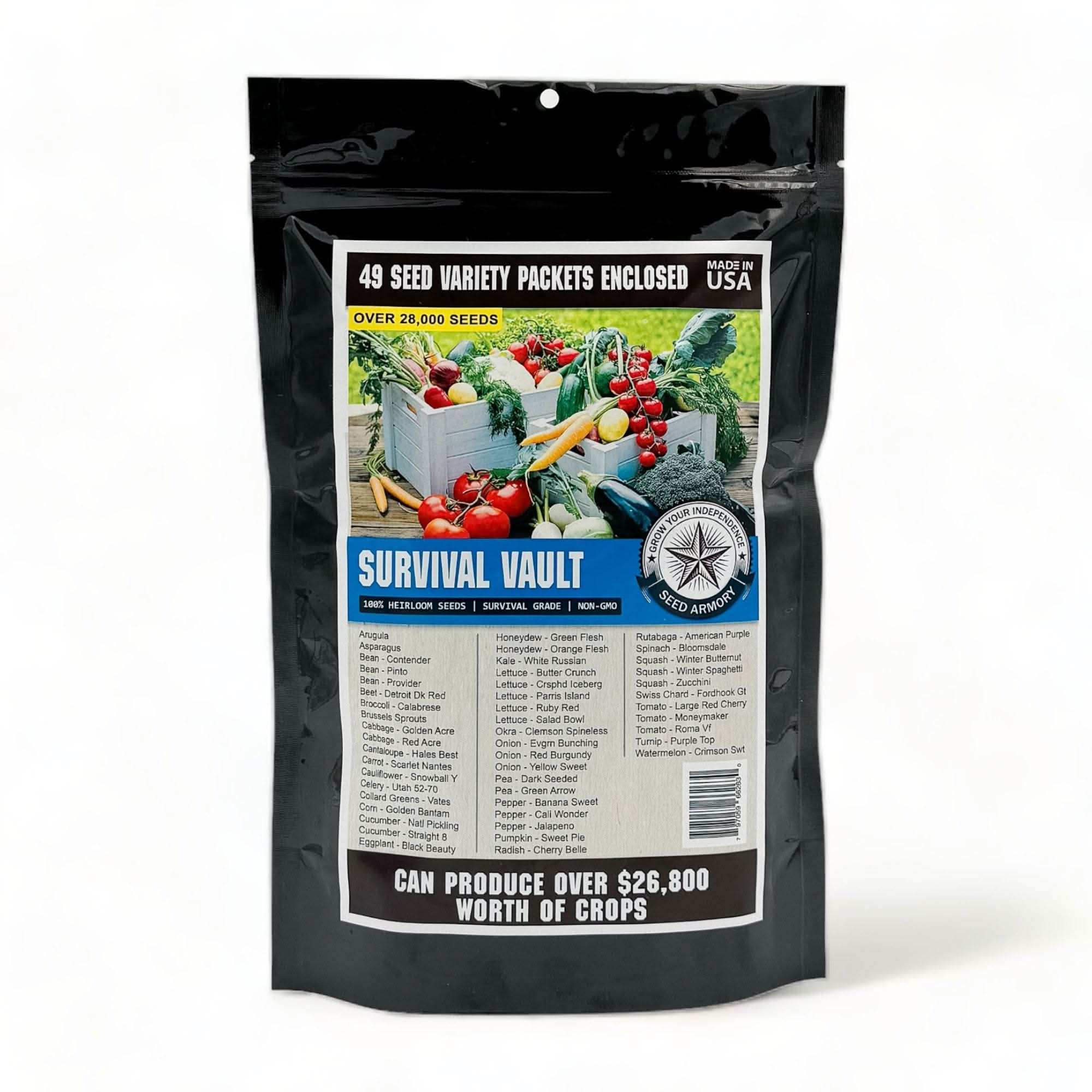 Survival Heirloom Seed Vault with 49 non-GMO heirloom seed varieties in resealable packets for USDA zones 4-9