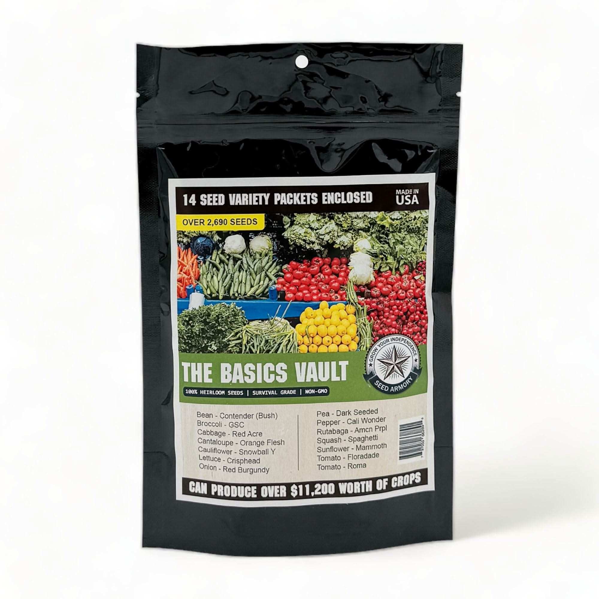 Basics Seed Vault containing 14 heirloom, non-GMO seed varieties for USDA zones 4-9 with heat-sealed, long-lasting packaging