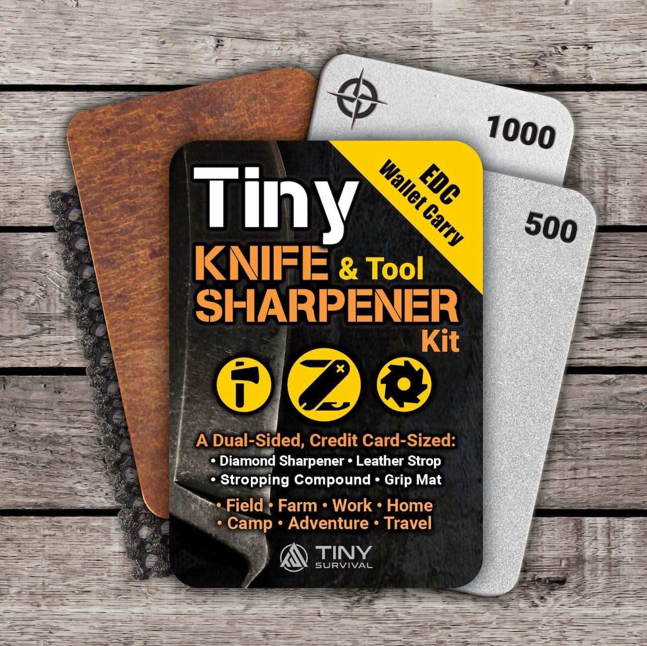 Compact 4-in-1 tiny knife sharpener kit with dual grit diamond stone, mini strop, grip pad, honing compound, and free sharpening course
