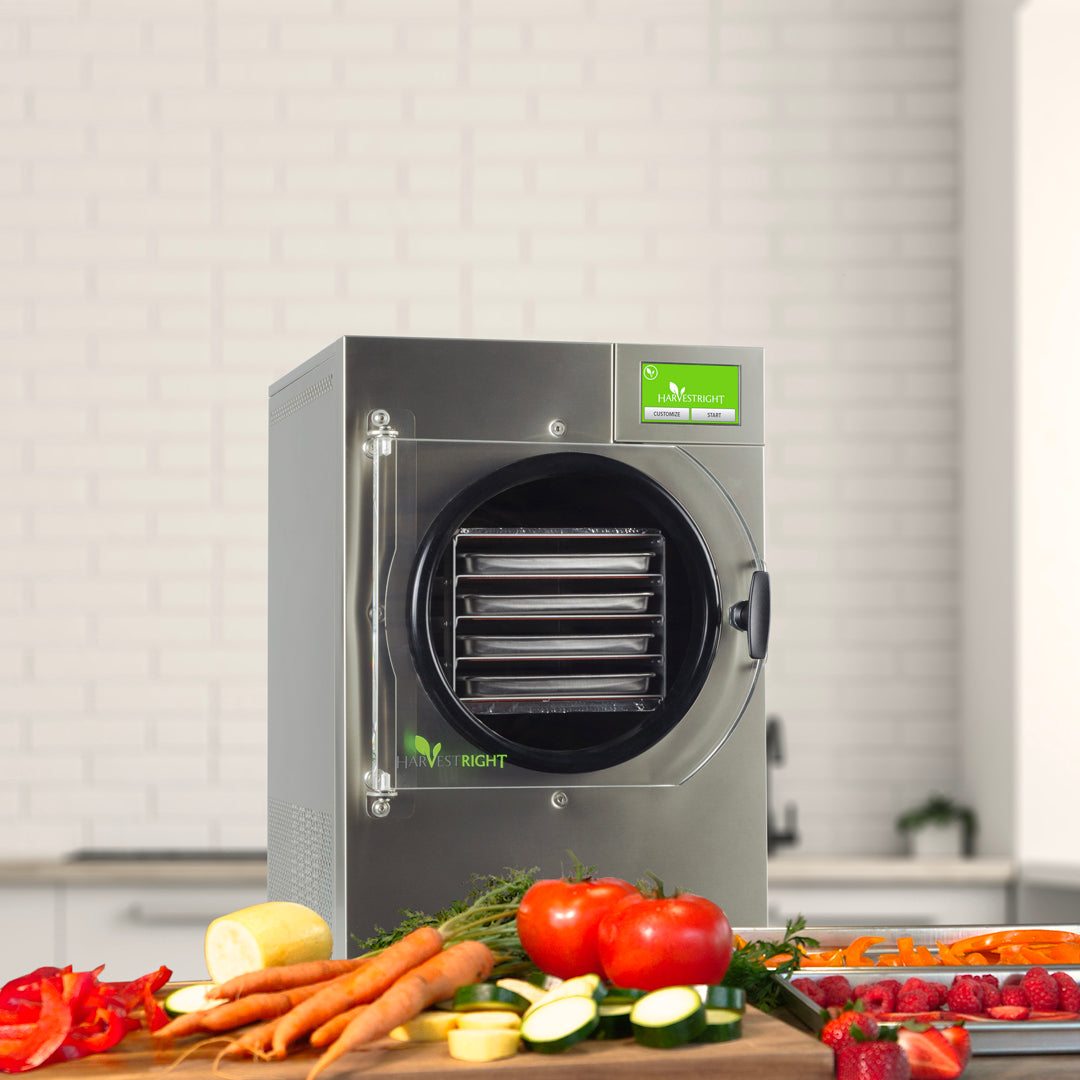 Small home freeze dryer with stainless steel exterior and multiple food trays for home food preservation