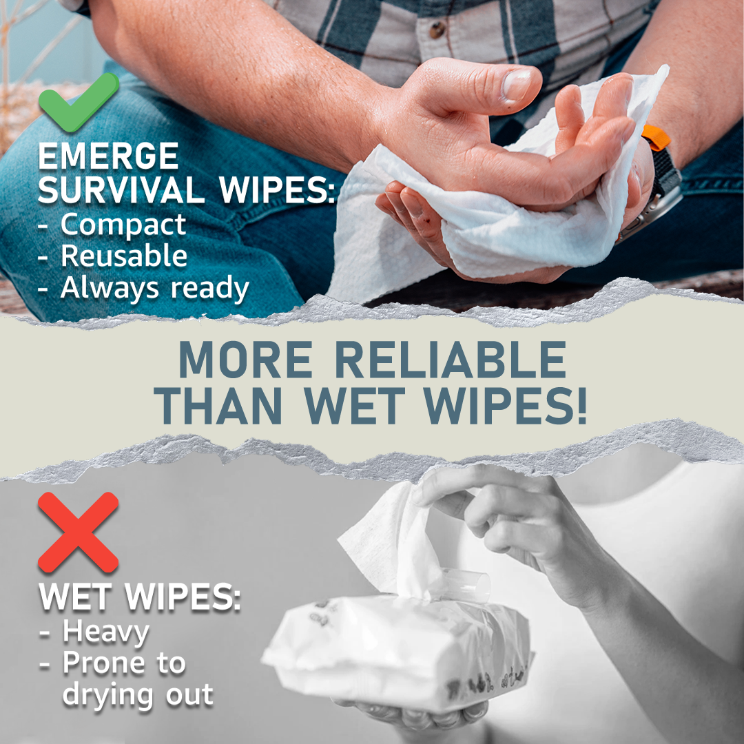 Emerge Survival Wipes 50 count pack showing compact hygiene wipes expanding into full-sized reusable cloths for survival situations