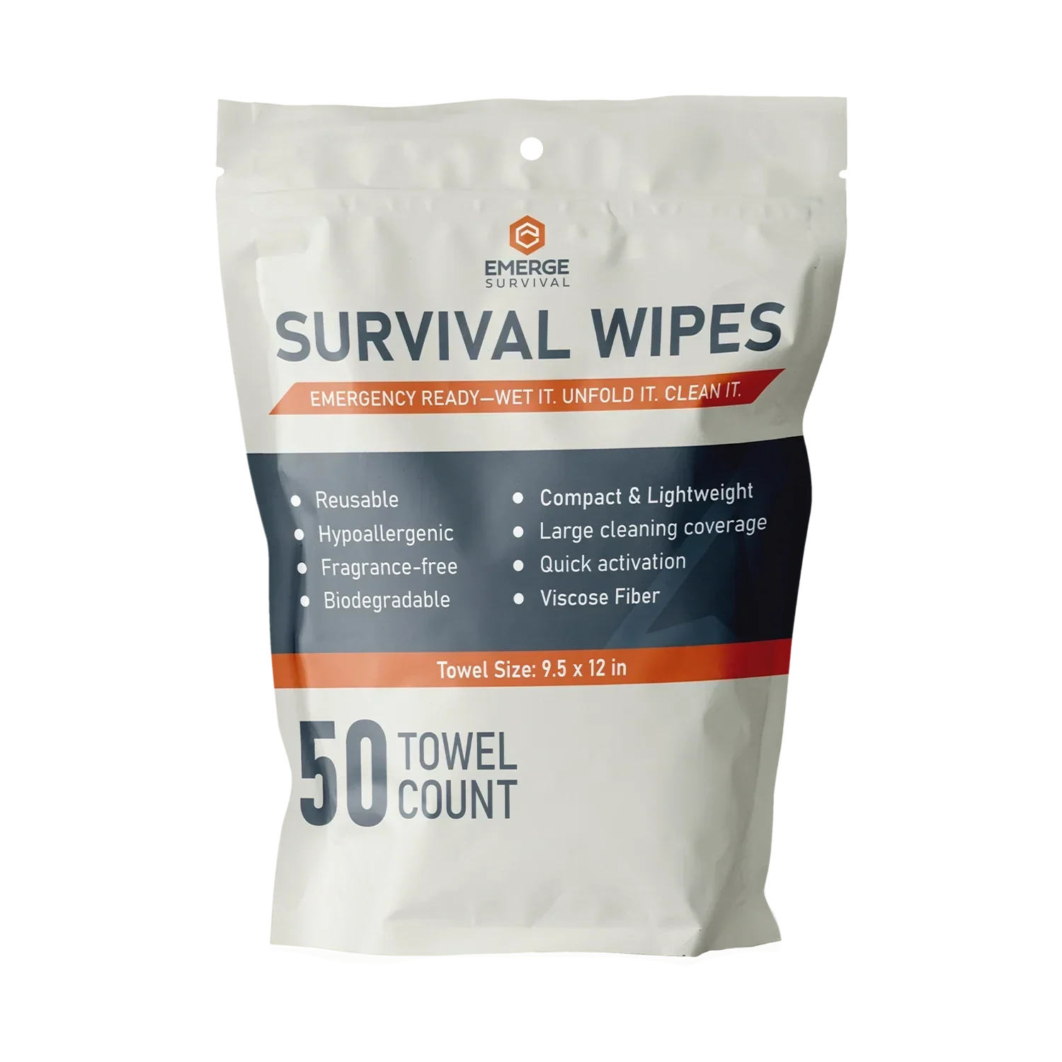 Emerge Survival Wipes 50ct pack showing compact reusable hygiene wipes for survival situations