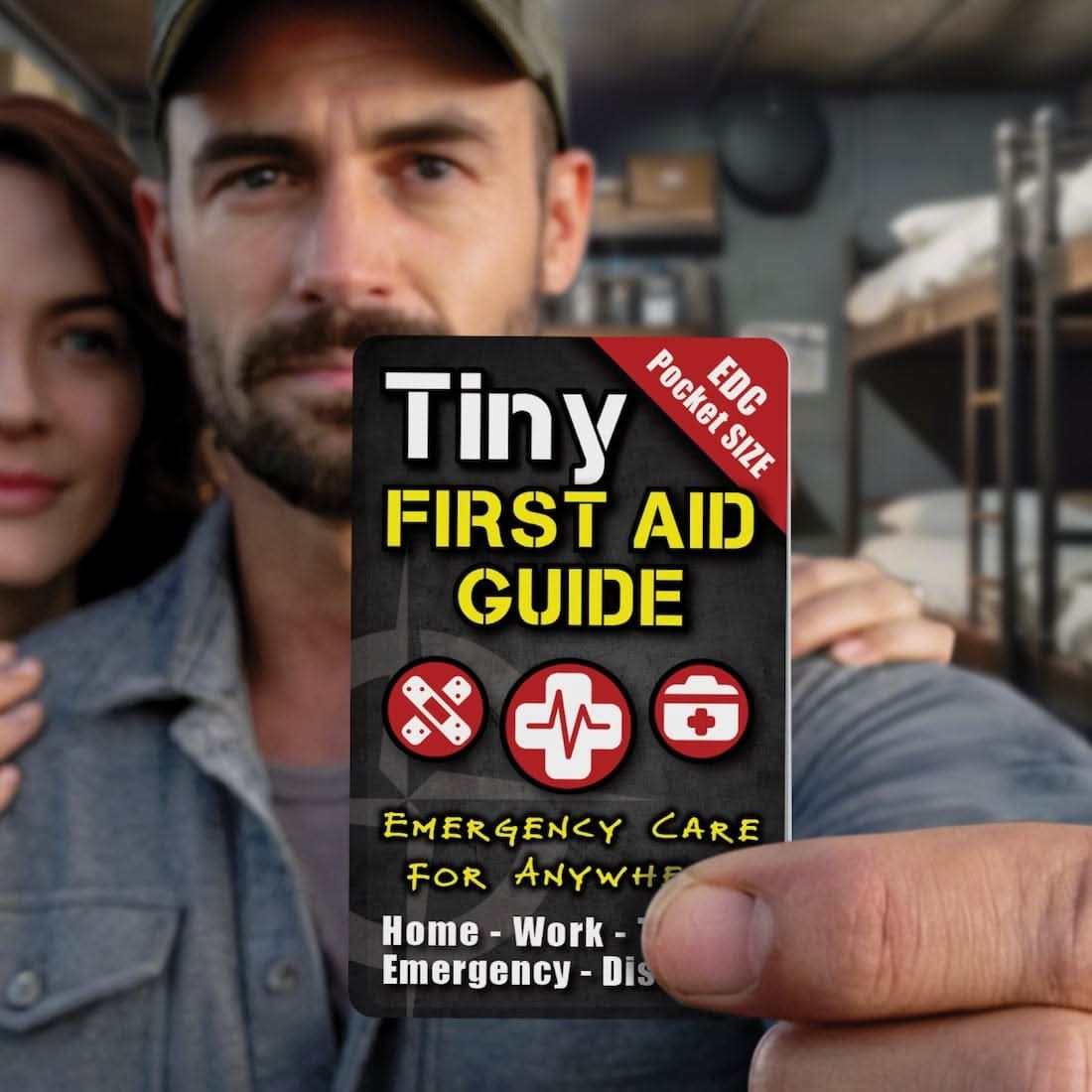 David founder of Ultimate Survival Tips holding Tiny First Aid Guide pocket medical emergency card