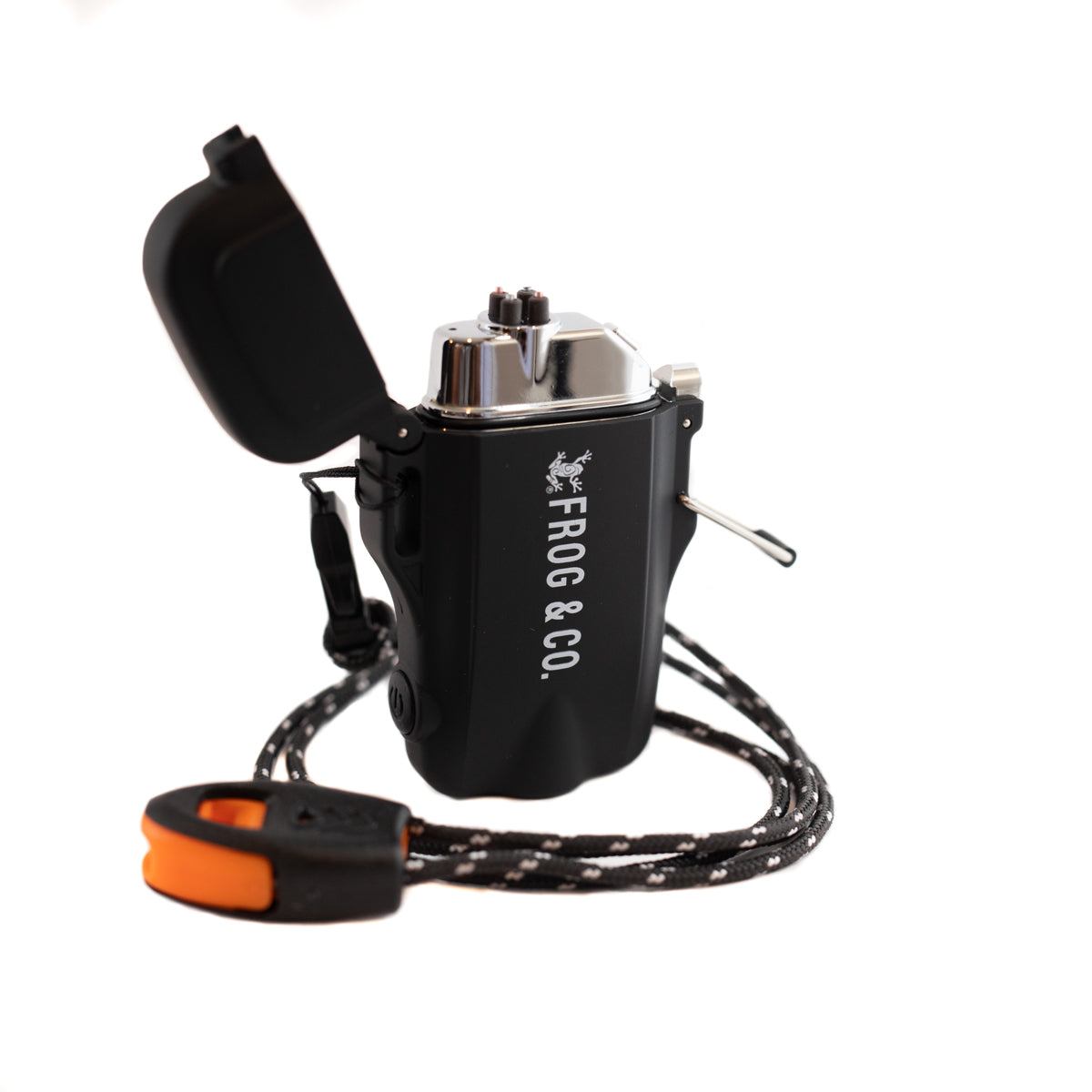 Tough Tesla Lighter 2.0 electric lighter with dual arc technology, waterproof case, built-in flashlight, and 120dB whistle for camping and outdoor use